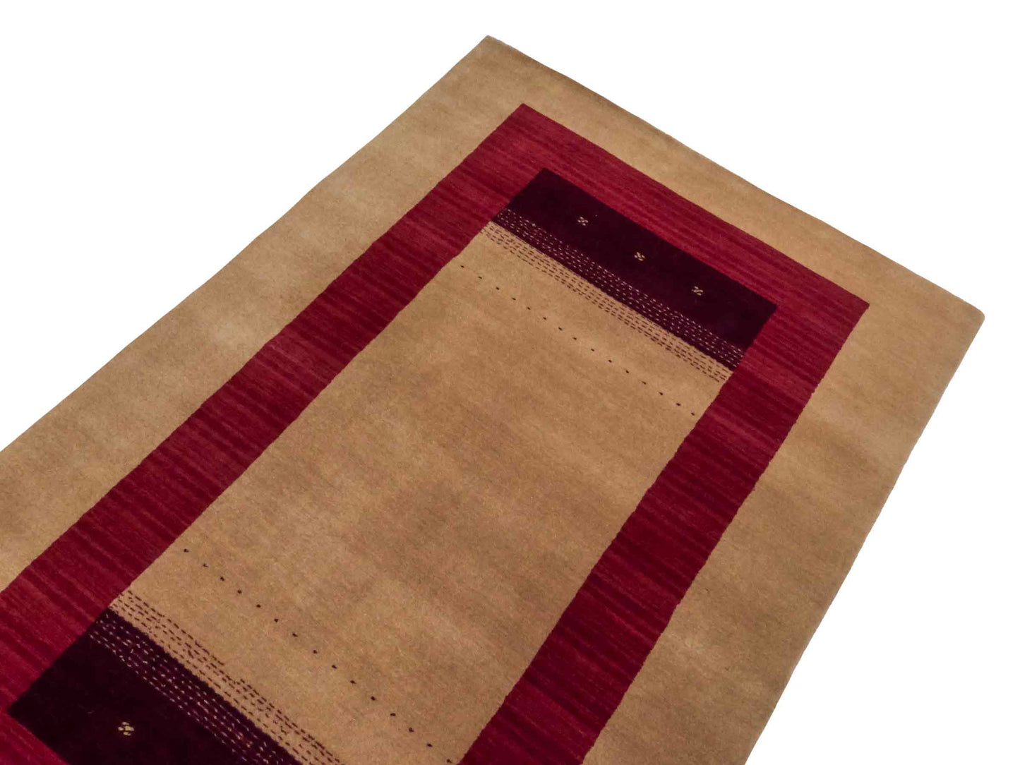 Moderner, Handloom Lori Gabbeh Orientteppich von Khademi aus Wolle, beige, rot. Geometrisches Nomaden-Design. Produziert in Indien. Größe: 182x121cm. Teppichnummer: KB4-1802. Verkauf durch Jupiter Intl.