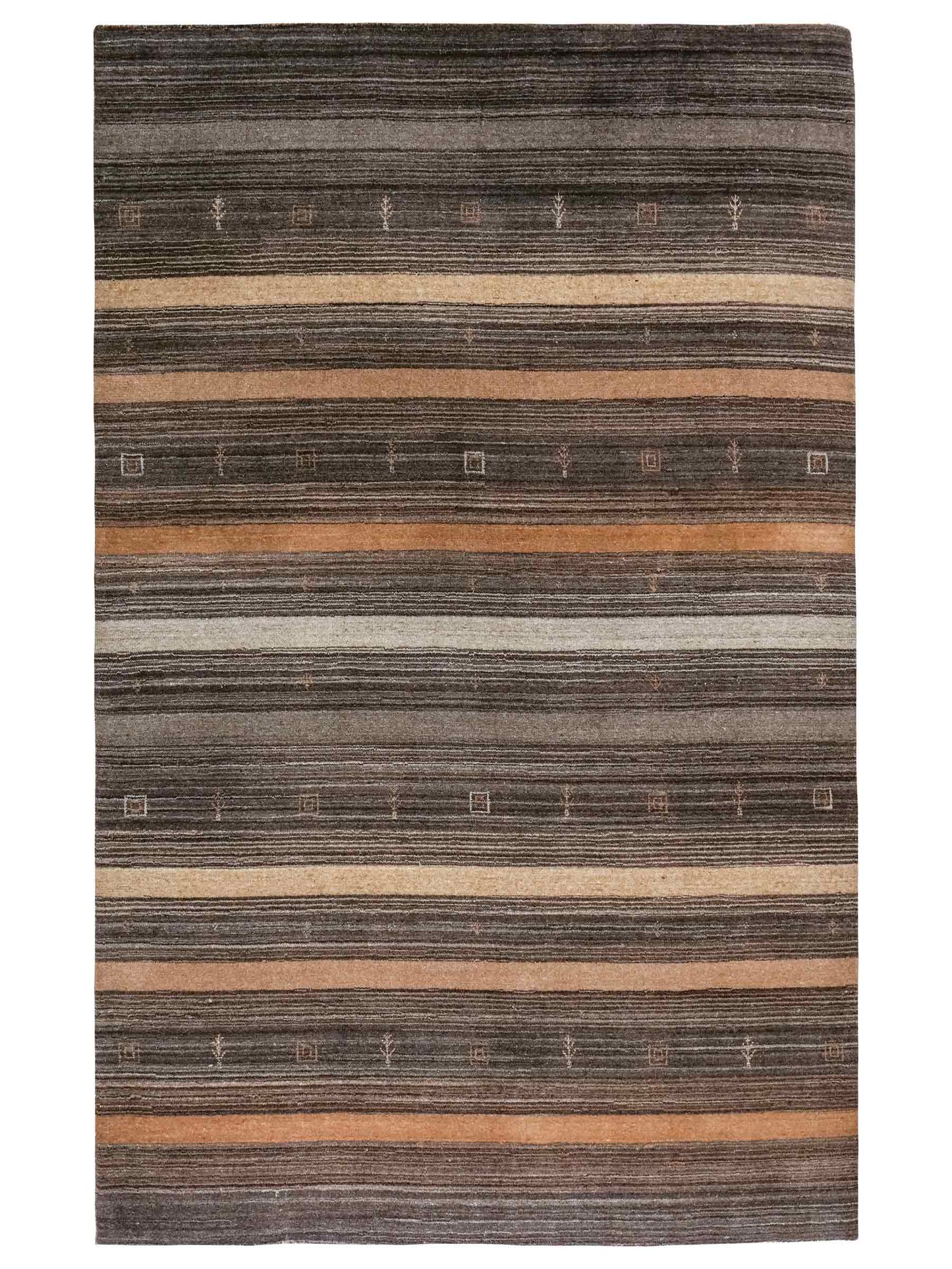 Moderner, Handloom Lori Gabbeh Orientteppich von Khademi aus Wolle, grau, braun, beige. Geometrisches Nomaden-Design. Produziert in Indien. Größe: 198x141cm. Teppichnummer: KB4-1787. Verkauf durch Jupiter Intl.