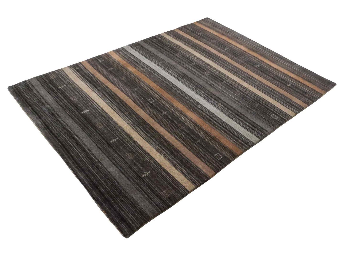 Moderner, Handloom Lori Gabbeh Orientteppich von Khademi aus Wolle, grau, braun, beige. Geometrisches Nomaden-Design. Produziert in Indien. Größe: 198x141cm. Teppichnummer: KB4-1787. Verkauf durch Jupiter Intl.