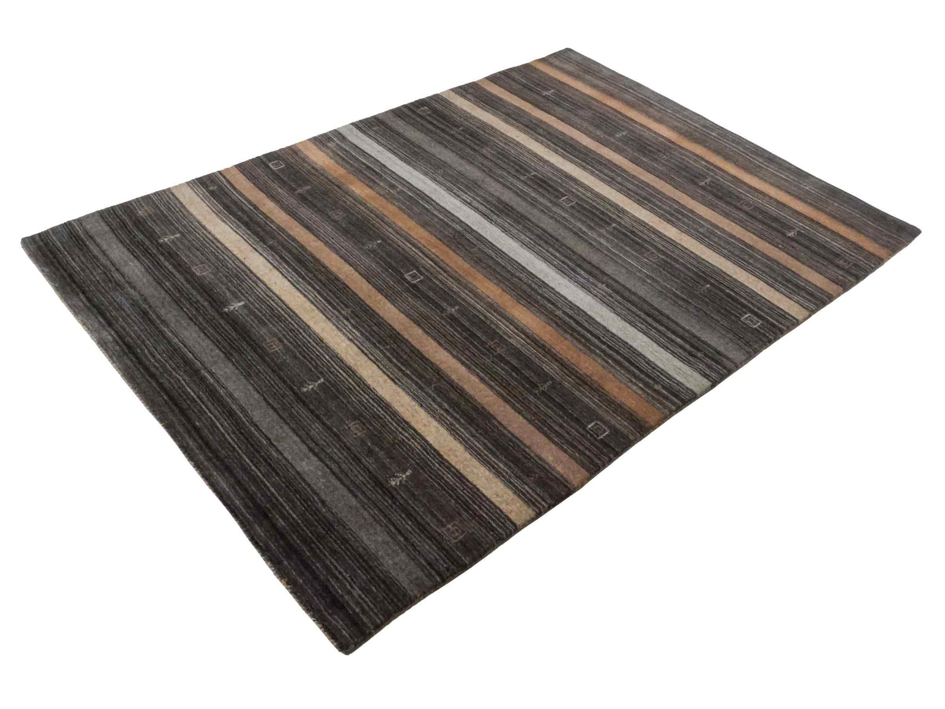 Moderner, Handloom Lori Gabbeh Orientteppich von Khademi aus Wolle, grau, braun, beige. Geometrisches Nomaden-Design. Produziert in Indien. Größe: 198x141cm. Teppichnummer: KB4-1787. Verkauf durch Jupiter Intl.