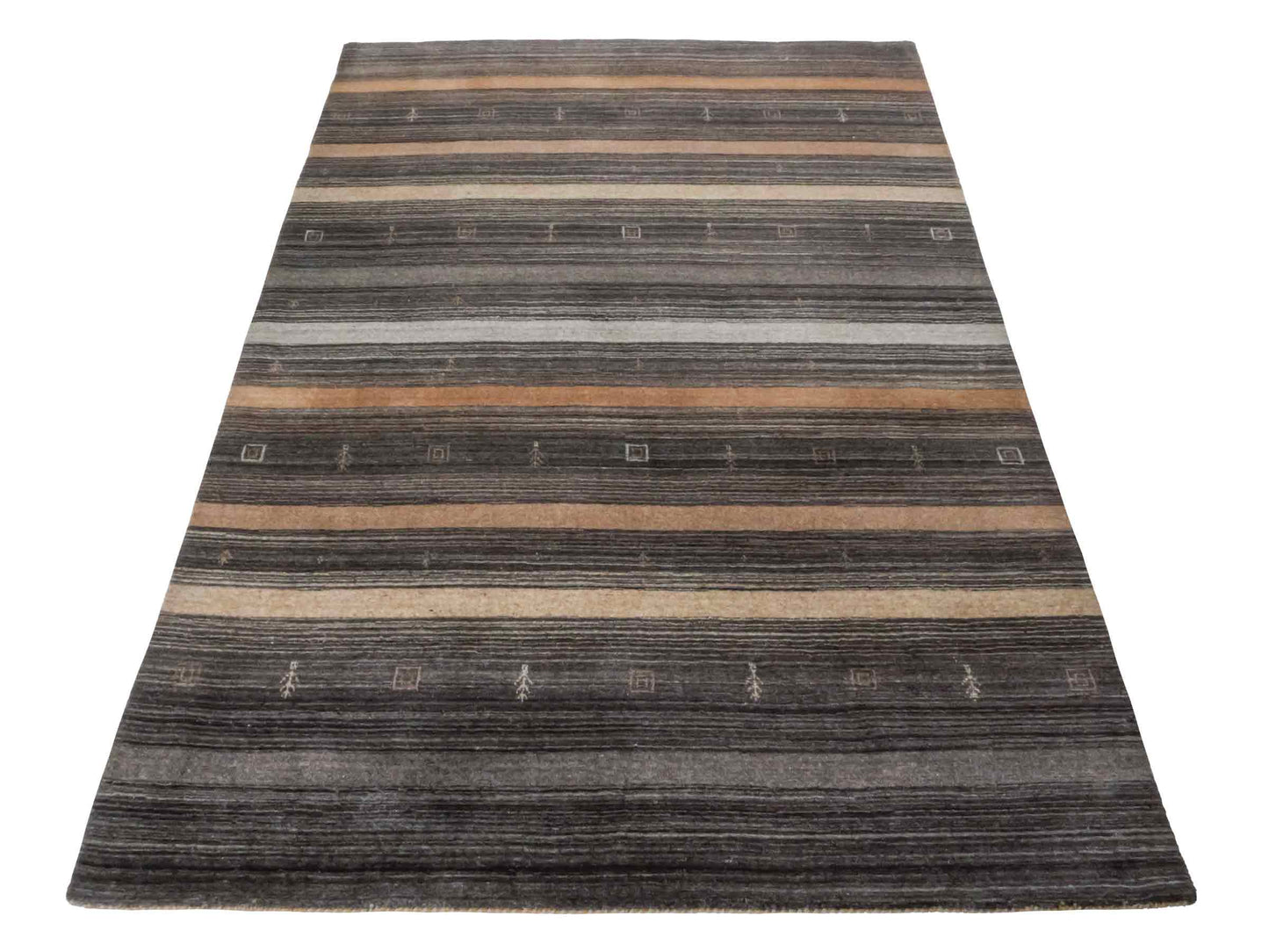 Moderner, Handloom Lori Gabbeh Orientteppich von Khademi aus Wolle, grau, braun, beige. Geometrisches Nomaden-Design. Produziert in Indien. Größe: 198x141cm. Teppichnummer: KB4-1787. Verkauf durch Jupiter Intl.