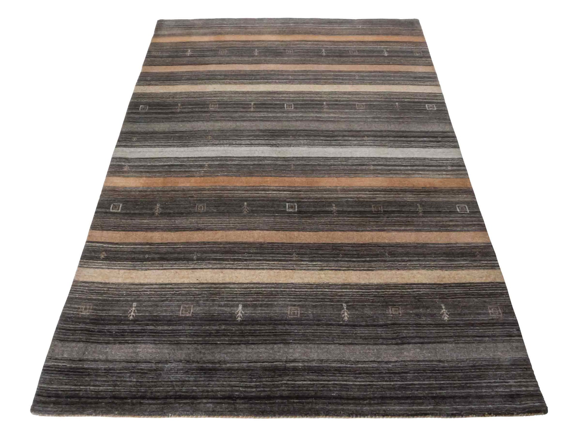 Moderner, Handloom Lori Gabbeh Orientteppich von Khademi aus Wolle, grau, braun, beige. Geometrisches Nomaden-Design. Produziert in Indien. Größe: 198x141cm. Teppichnummer: KB4-1787. Verkauf durch Jupiter Intl.