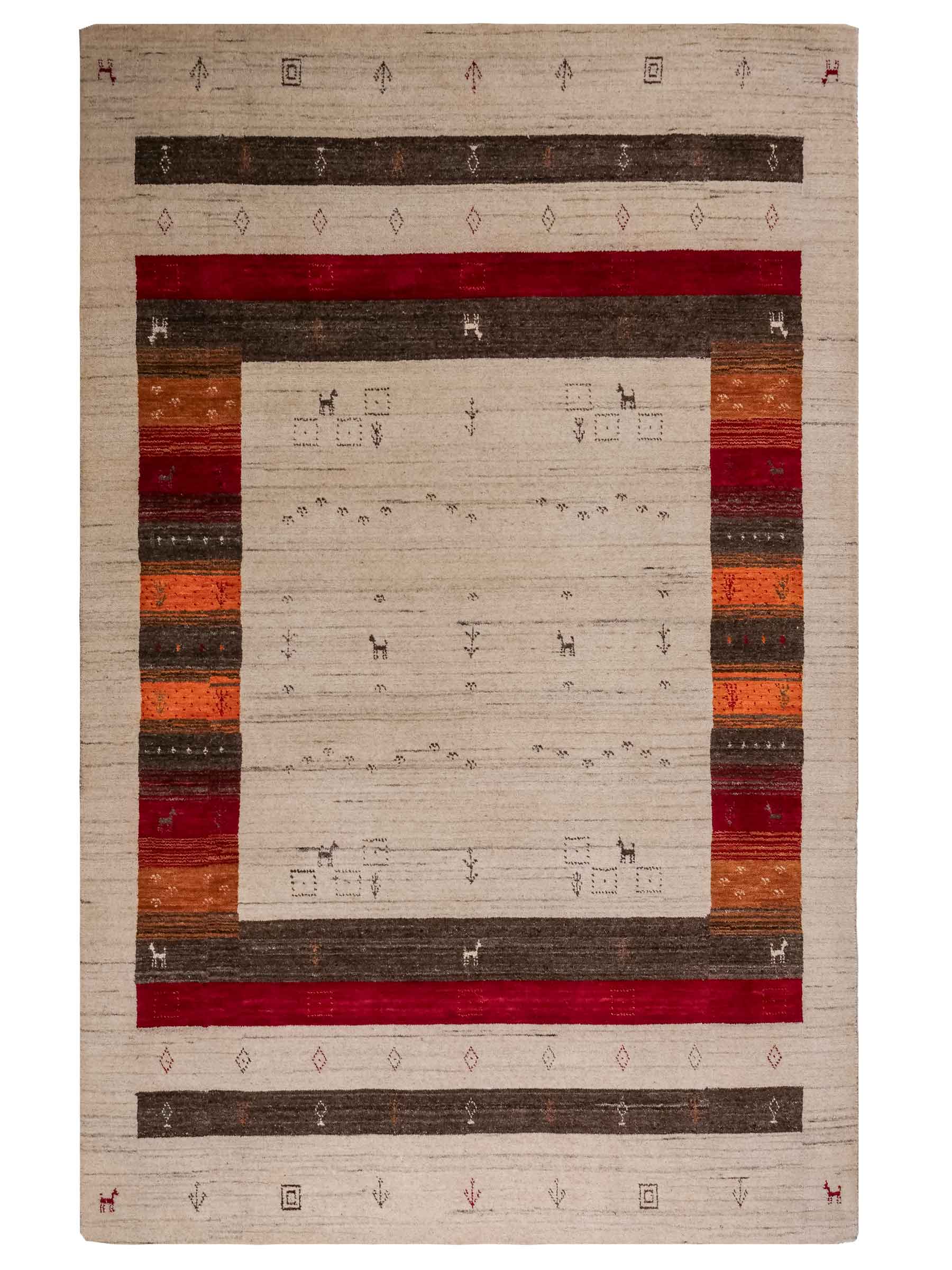 Moderner, Handloom Lori Gabbeh Orientteppich von Khademi aus Wolle, cremeweiß, mehrfarbig. Geometrisches Nomaden-Design. Produziert in Indien. Größe: 199x136cm. Teppichnummer: KB4-1778. Verkauf durch Jupiter Intl.