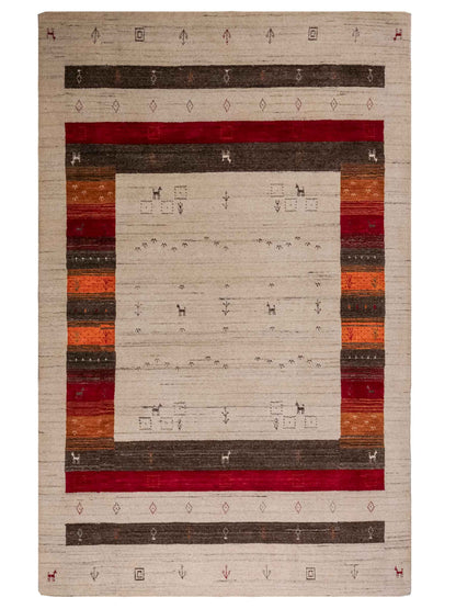 Moderner, Handloom Lori Gabbeh Orientteppich von Khademi aus Wolle, cremeweiß, mehrfarbig. Geometrisches Nomaden-Design. Produziert in Indien. Größe: 199x136cm. Teppichnummer: KB4-1778. Verkauf durch Jupiter Intl.