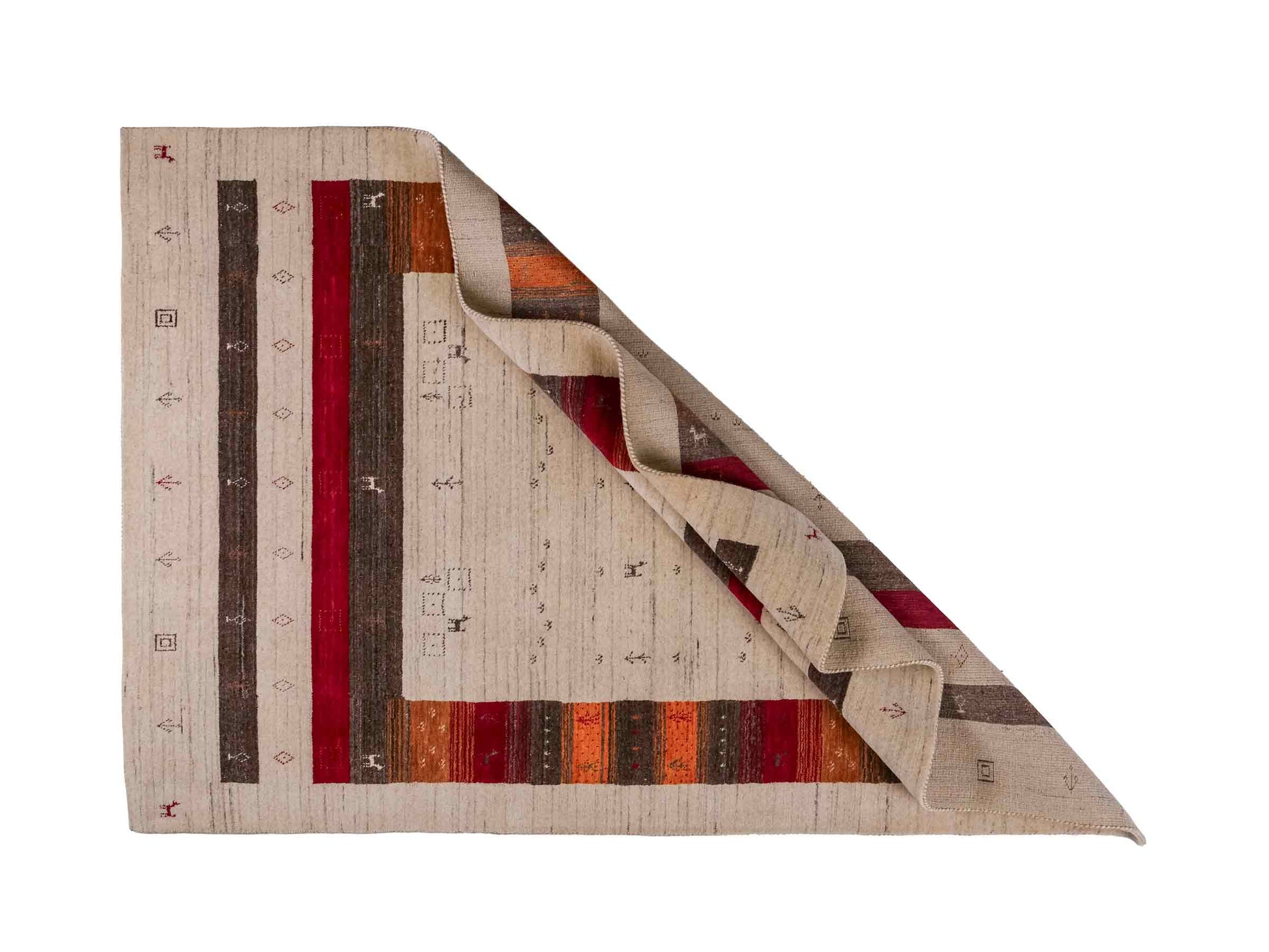 Moderner, Handloom Lori Gabbeh Orientteppich von Khademi aus Wolle, cremeweiß, mehrfarbig. Geometrisches Nomaden-Design. Produziert in Indien. Größe: 199x136cm. Teppichnummer: KB4-1778. Verkauf durch Jupiter Intl.