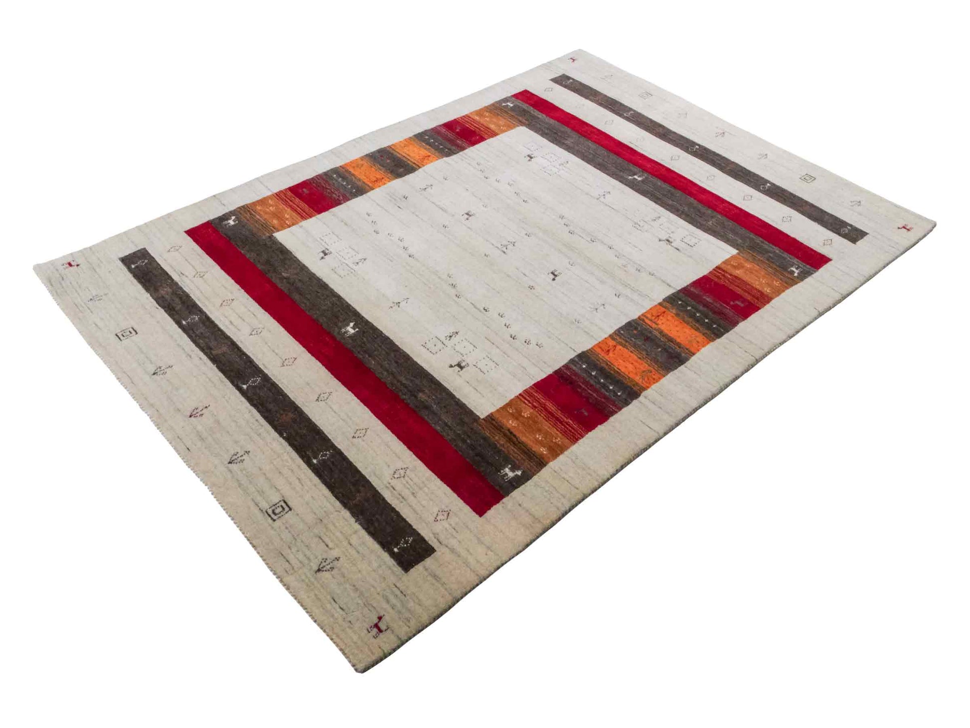 Moderner, Handloom Lori Gabbeh Orientteppich von Khademi aus Wolle, cremeweiß, mehrfarbig. Geometrisches Nomaden-Design. Produziert in Indien. Größe: 199x136cm. Teppichnummer: KB4-1778. Verkauf durch Jupiter Intl.