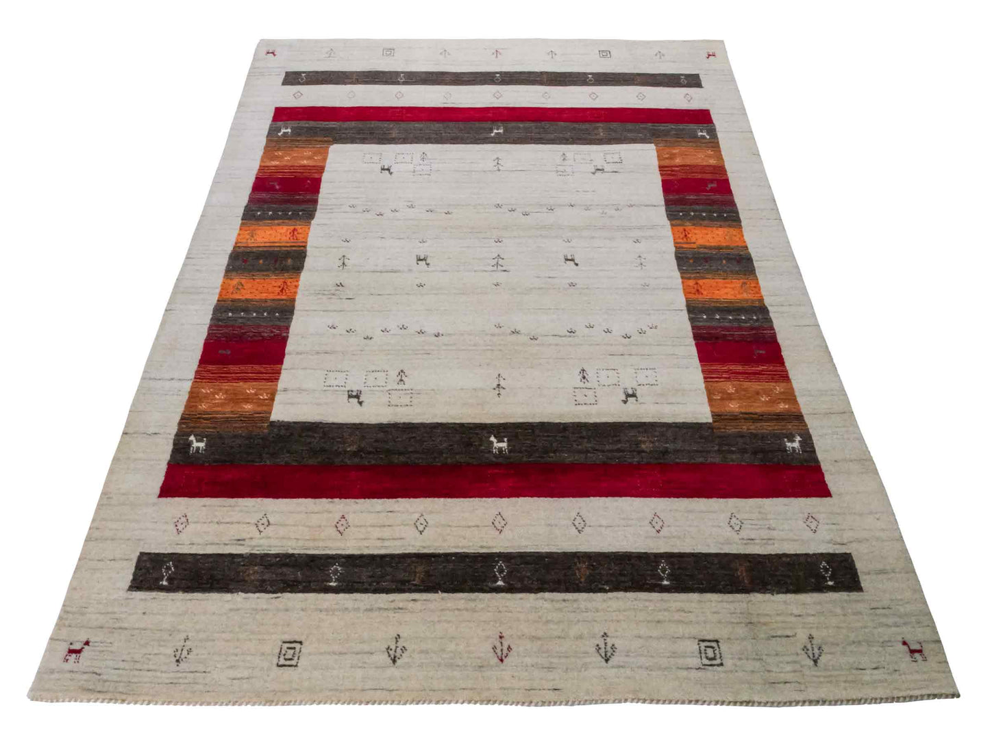 Moderner, Handloom Lori Gabbeh Orientteppich von Khademi aus Wolle, cremeweiß, mehrfarbig. Geometrisches Nomaden-Design. Produziert in Indien. Größe: 199x136cm. Teppichnummer: KB4-1778. Verkauf durch Jupiter Intl.