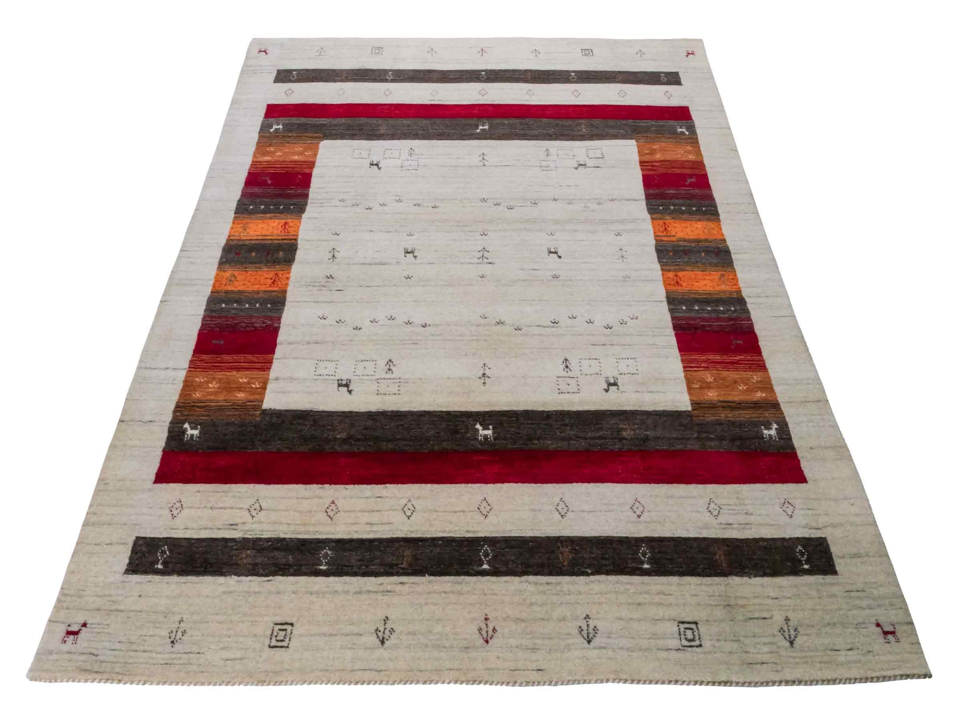 Moderner, Handloom Lori Gabbeh Orientteppich von Khademi aus Wolle, cremeweiß, mehrfarbig. Geometrisches Nomaden-Design. Produziert in Indien. Größe: 199x136cm. Teppichnummer: KB4-1778. Verkauf durch Jupiter Intl.