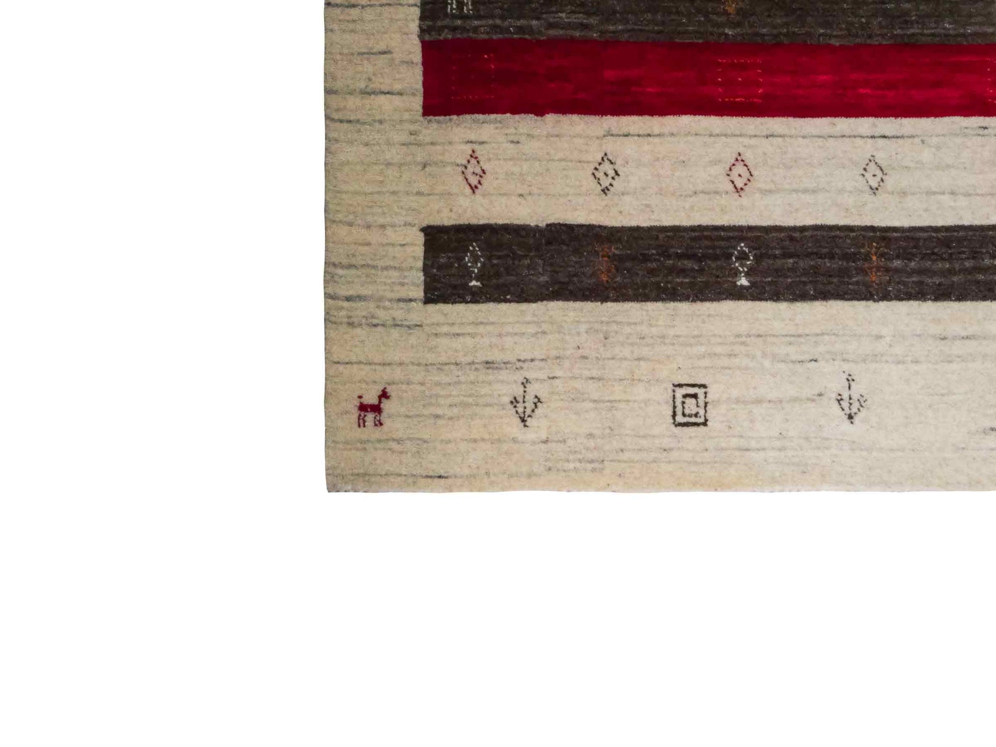 Moderner, Handloom Lori Gabbeh Orientteppich von Khademi aus Wolle, cremeweiß, mehrfarbig. Geometrisches Nomaden-Design. Produziert in Indien. Größe: 199x136cm. Teppichnummer: KB4-1778. Verkauf durch Jupiter Intl.