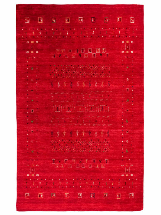 Moderner, Handloom Lori Gabbeh Orientteppich von Khademi aus Wolle, rot. Geometrisches Nomaden-Design. Produziert in Indien. Größe: 199x139cm. Teppichnummer: KB4-1794. Verkauf durch Jupiter Intl.