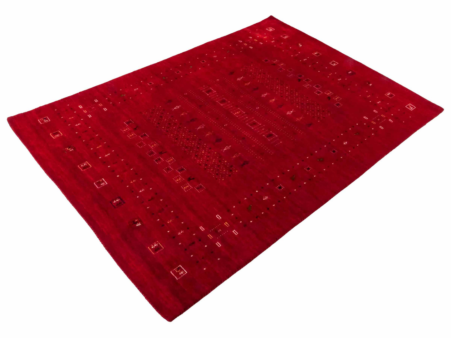 Moderner, Handloom Lori Gabbeh Orientteppich von Khademi aus Wolle, rot. Geometrisches Nomaden-Design. Produziert in Indien. Größe: 199x139cm. Teppichnummer: KB4-1794. Verkauf durch Jupiter Intl.