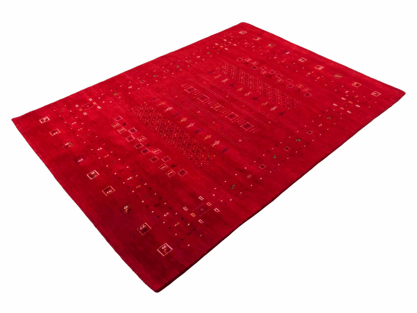 Moderner, Handloom Lori Gabbeh Orientteppich von Khademi aus Wolle, rot. Geometrisches Nomaden-Design. Produziert in Indien. Größe: 199x139cm. Teppichnummer: KB4-1794. Verkauf durch Jupiter Intl.