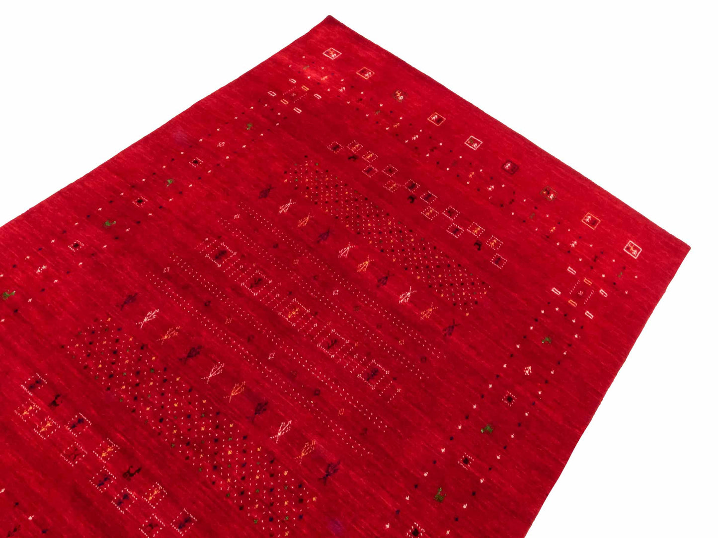 Moderner, Handloom Lori Gabbeh Orientteppich von Khademi aus Wolle, rot. Geometrisches Nomaden-Design. Produziert in Indien. Größe: 199x139cm. Teppichnummer: KB4-1794. Verkauf durch Jupiter Intl.