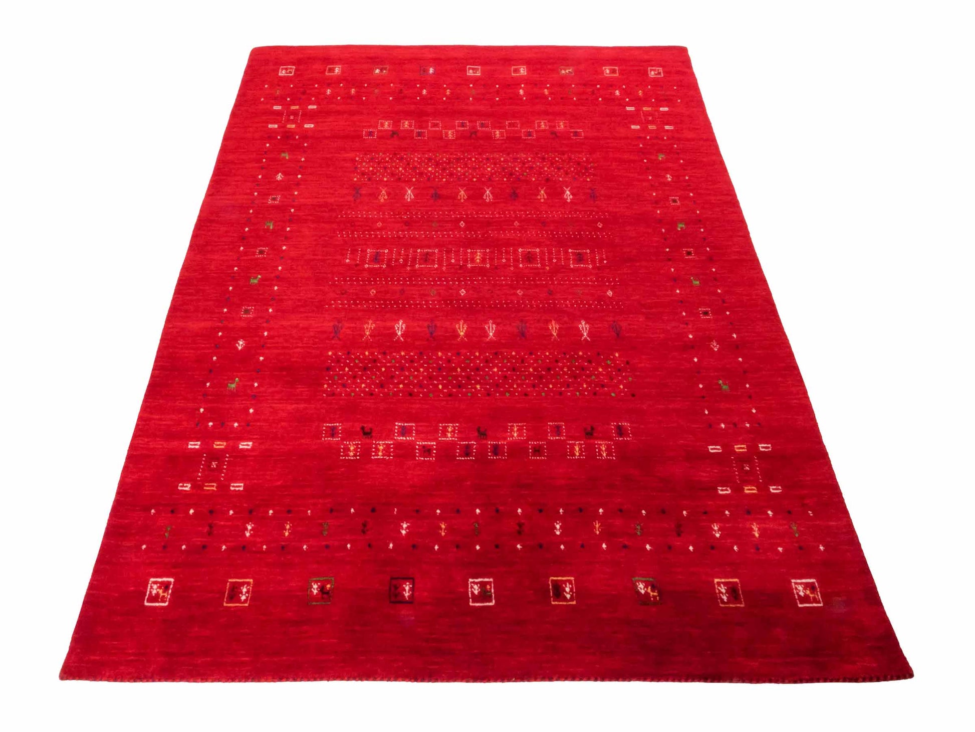 Moderner, Handloom Lori Gabbeh Orientteppich von Khademi aus Wolle, rot. Geometrisches Nomaden-Design. Produziert in Indien. Größe: 199x139cm. Teppichnummer: KB4-1794. Verkauf durch Jupiter Intl.