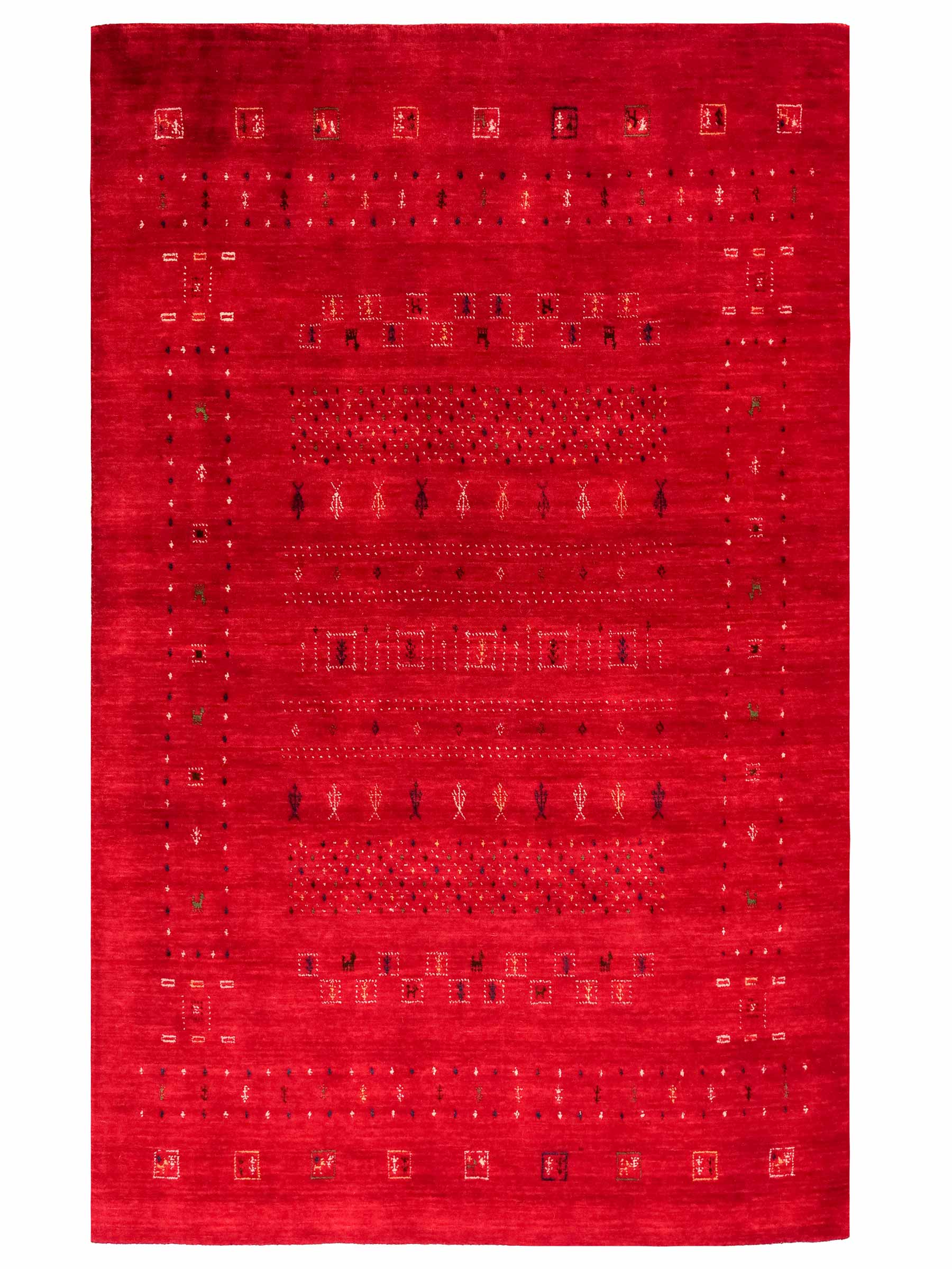 Moderner, Handloom Lori Gabbeh Orientteppich von Khademi aus Wolle, rot. Geometrisches Nomaden-Design. Produziert in Indien. Größe: 199x140cm. Teppichnummer: KB4-1779. Verkauf durch Jupiter Intl.