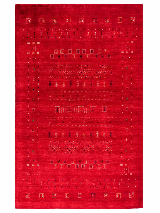 Moderner, Handloom Lori Gabbeh Orientteppich von Khademi aus Wolle, rot. Geometrisches Nomaden-Design. Produziert in Indien. Größe: 199x140cm. Teppichnummer: KB4-1779. Verkauf durch Jupiter Intl.