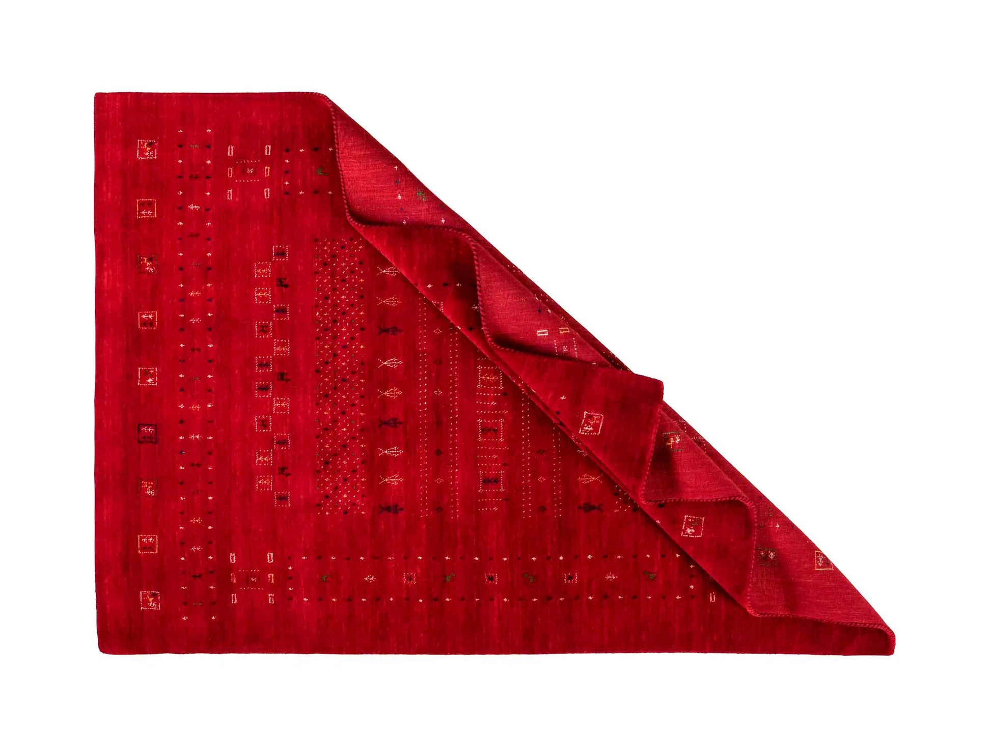 Moderner, Handloom Lori Gabbeh Orientteppich von Khademi aus Wolle, rot. Geometrisches Nomaden-Design. Produziert in Indien. Größe: 199x140cm. Teppichnummer: KB4-1779. Verkauf durch Jupiter Intl.