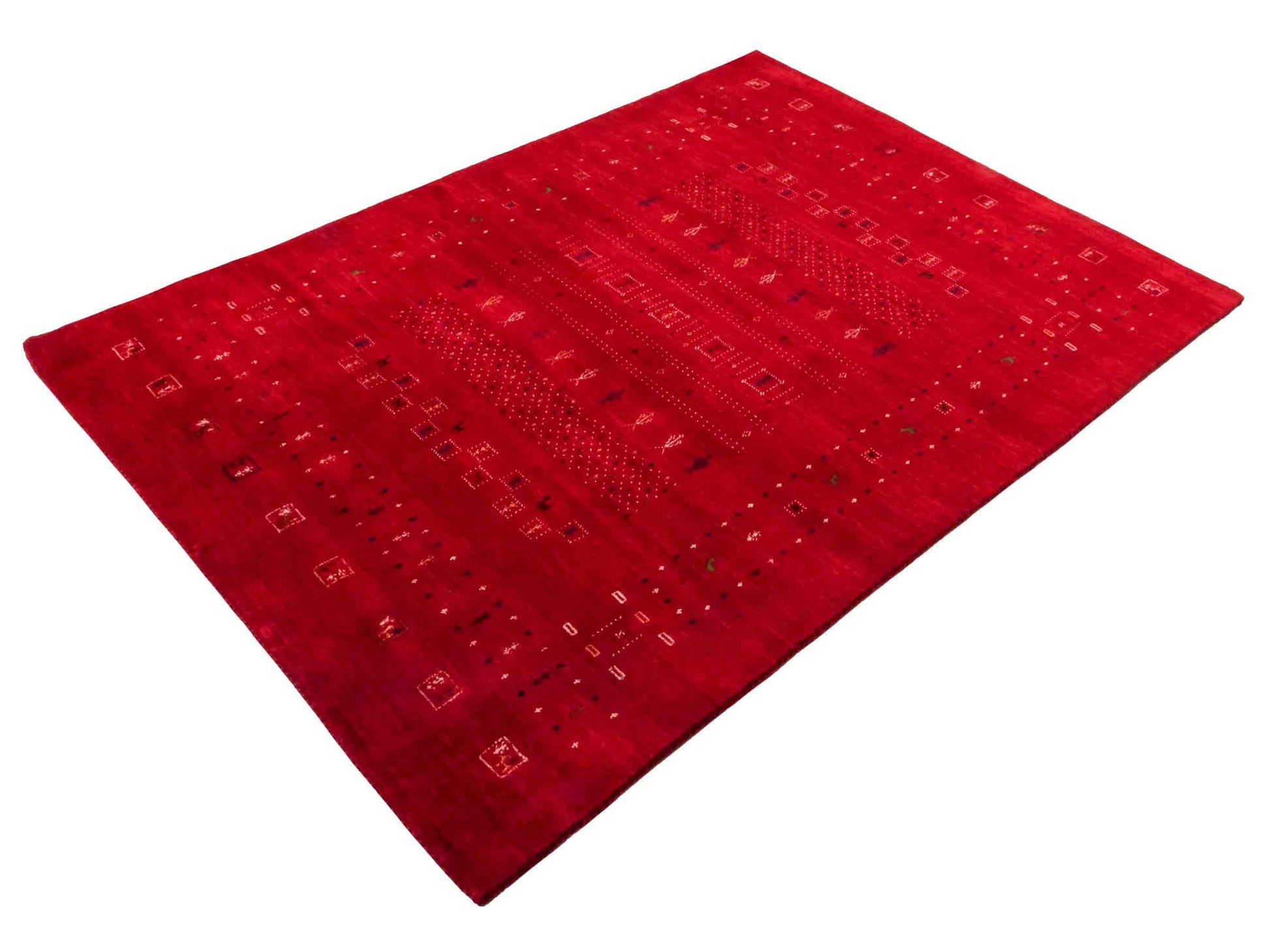 Moderner, Handloom Lori Gabbeh Orientteppich von Khademi aus Wolle, rot. Geometrisches Nomaden-Design. Produziert in Indien. Größe: 199x140cm. Teppichnummer: KB4-1779. Verkauf durch Jupiter Intl.