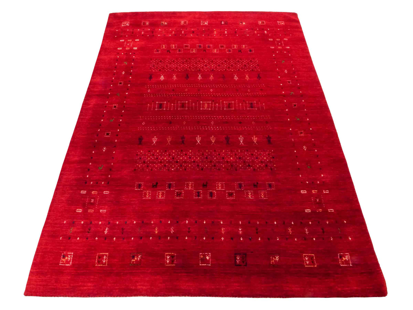 Moderner, Handloom Lori Gabbeh Orientteppich von Khademi aus Wolle, rot. Geometrisches Nomaden-Design. Produziert in Indien. Größe: 199x140cm. Teppichnummer: KB4-1779. Verkauf durch Jupiter Intl.