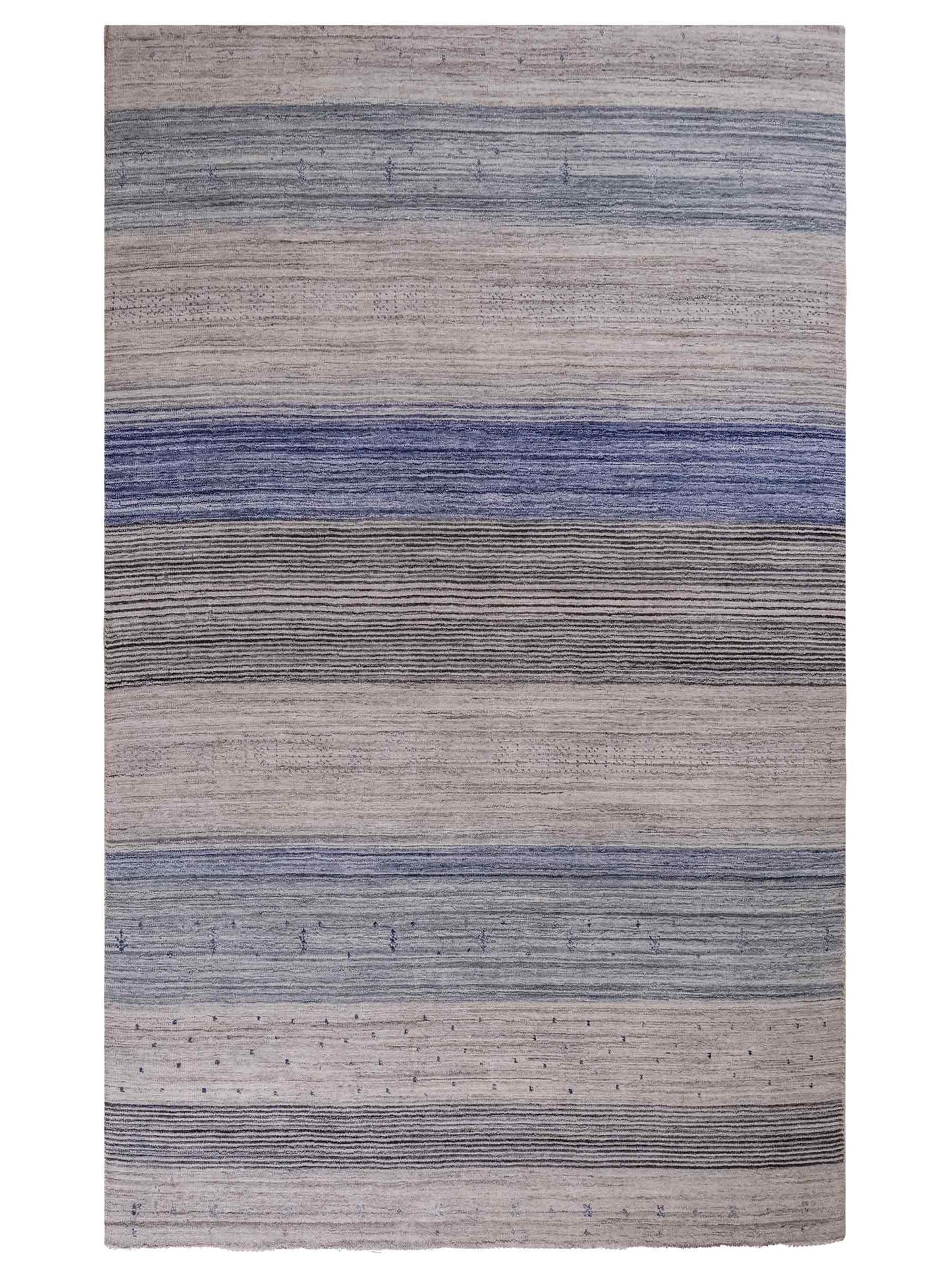 Moderner, Handloom Lori Gabbeh Orientteppich von Khademi aus Wolle, blau, cremeweiß. Geometrisches Nomaden-Design. Produziert in Indien. Größe: 200x132cm. Teppichnummer: KB4-1777. Verkauf durch Jupiter Intl.