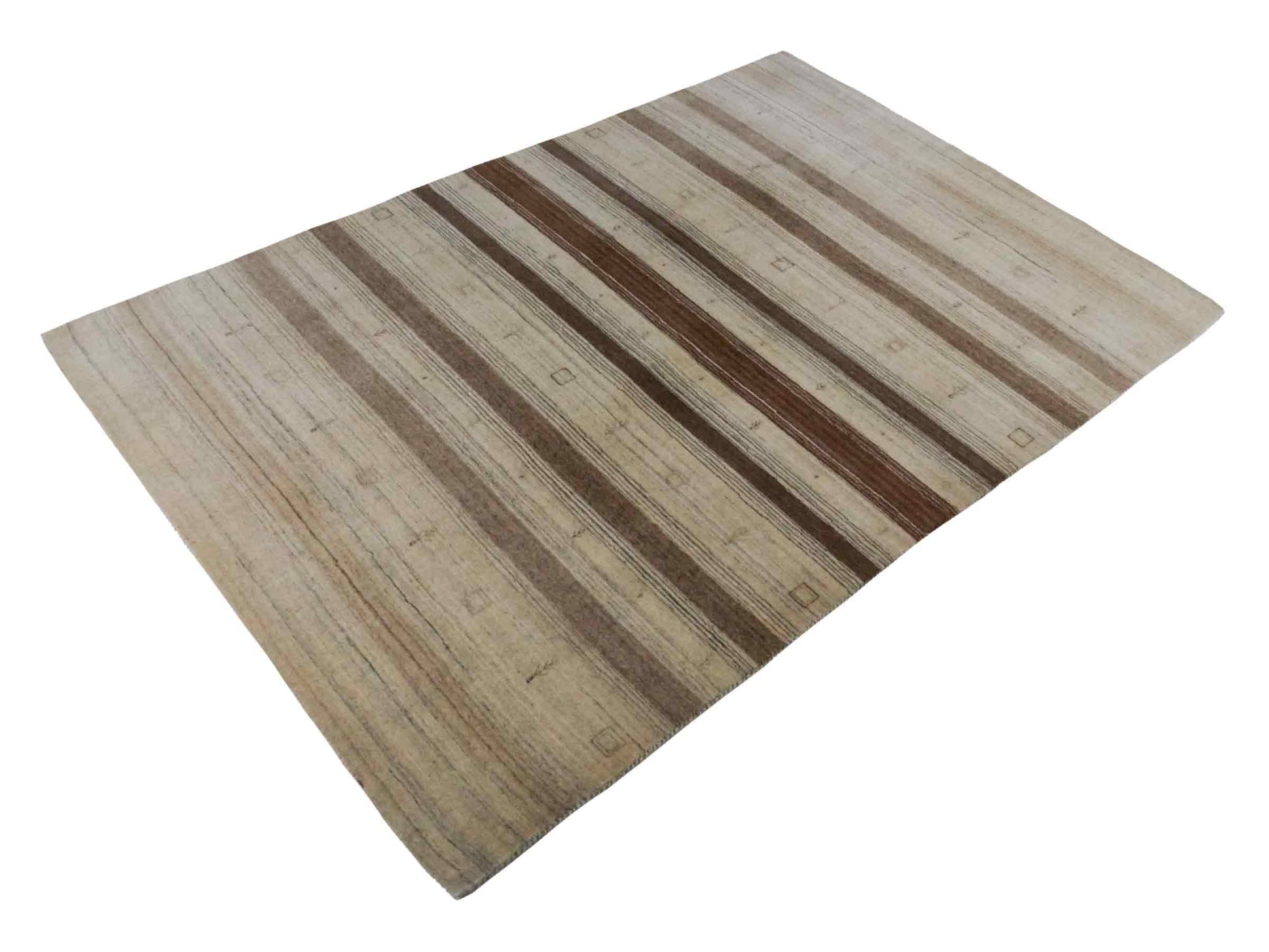 Moderner, Handloom Lori Gabbeh Orientteppich von Khademi aus Wolle, braun, beige, cremeweiß. Geometrisches Nomaden-Design. Produziert in Indien. Größe: 200x132cm. Teppichnummer: KB4-1774. Verkauf durch Jupiter Intl.