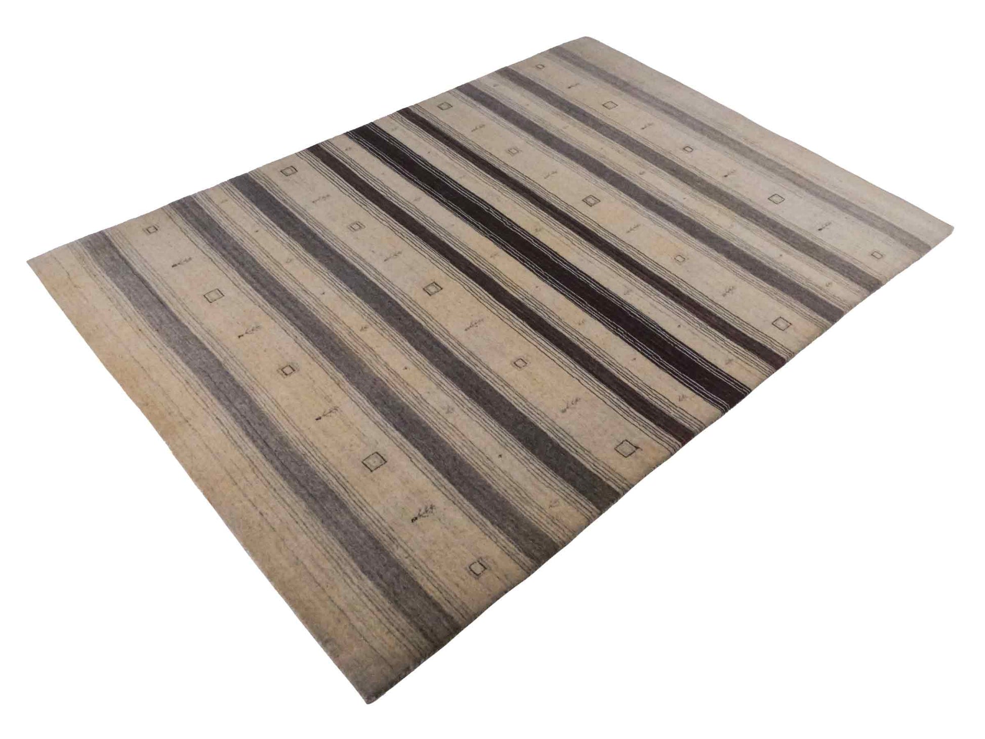 Moderner, Handloom Lori Gabbeh Orientteppich von Khademi aus Wolle, cremeweiß, grau. Geometrisches Nomaden-Design. Produziert in Indien. Größe: 200x139cm. Teppichnummer: KB4-1790. Verkauf durch Jupiter Intl.