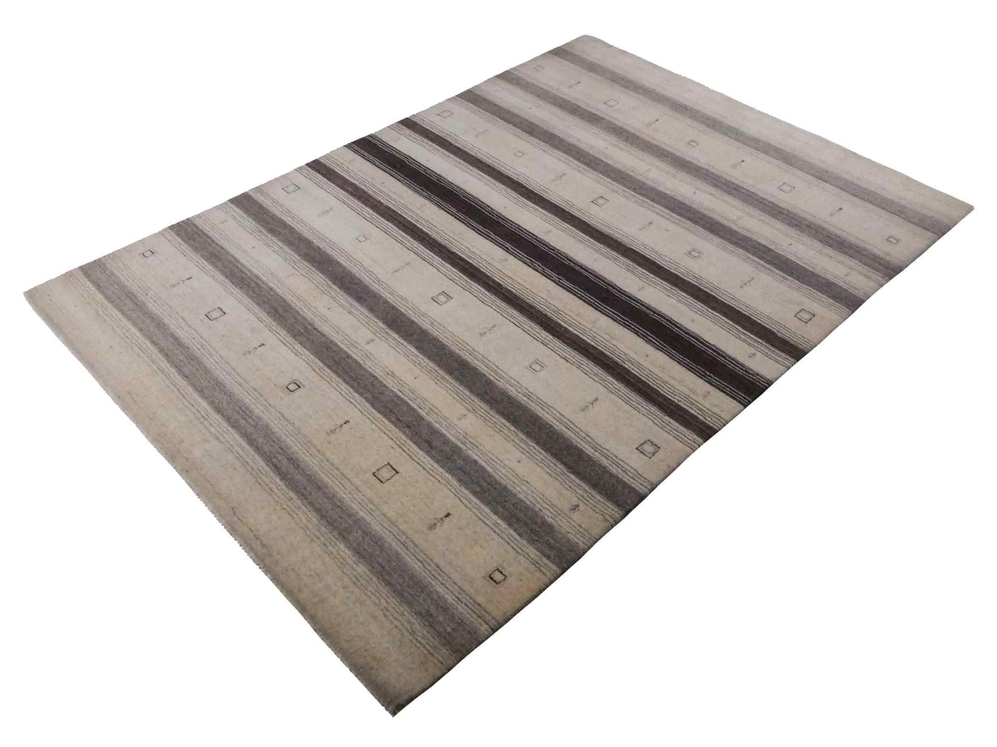 Moderner, Handloom Lori Gabbeh Orientteppich von Khademi aus Wolle, cremeweiß, grau. Geometrisches Nomaden-Design. Produziert in Indien. Größe: 200x139cm. Teppichnummer: KB4-1790. Verkauf durch Jupiter Intl.