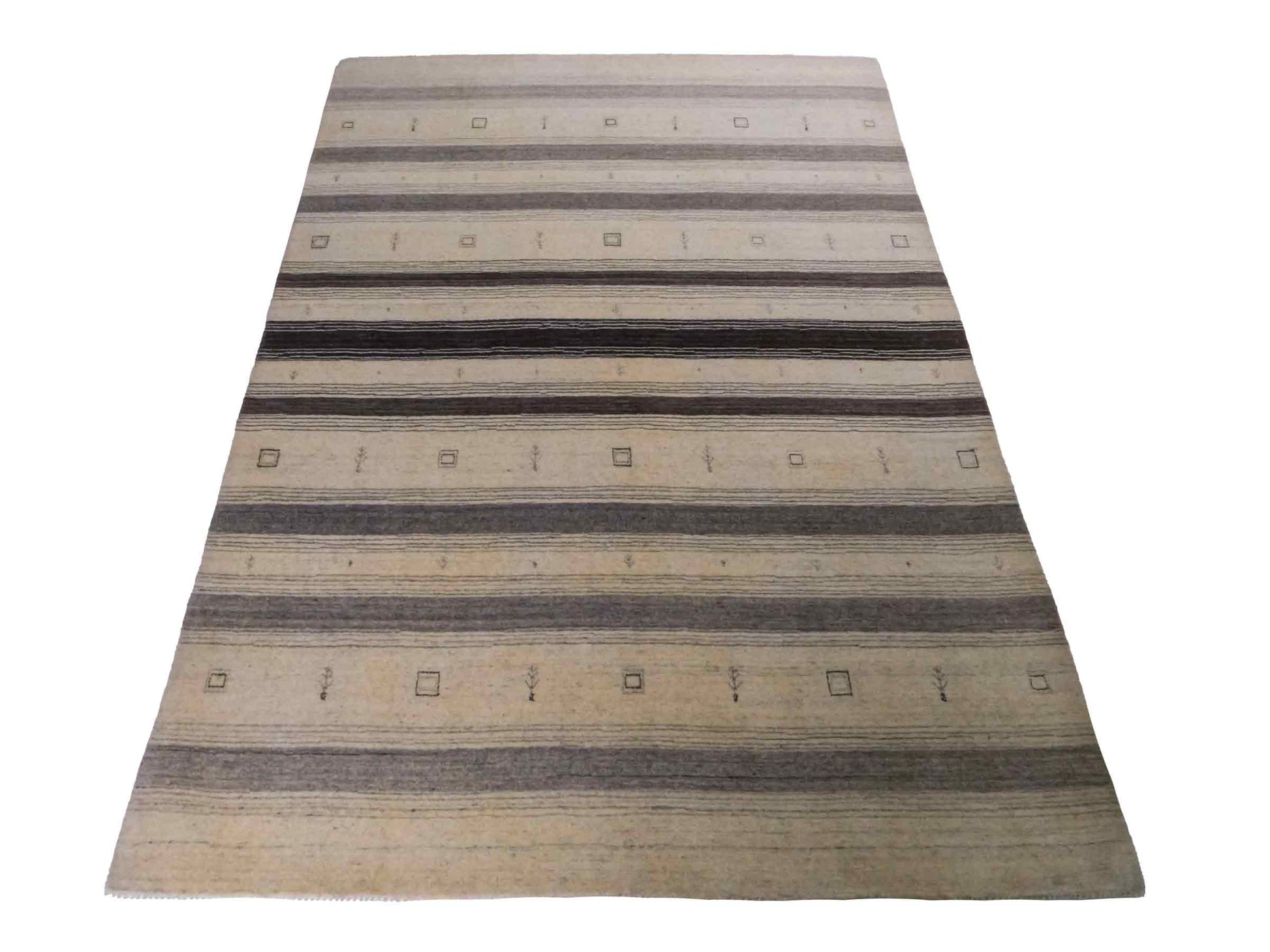 Moderner, Handloom Lori Gabbeh Orientteppich von Khademi aus Wolle, cremeweiß, grau. Geometrisches Nomaden-Design. Produziert in Indien. Größe: 200x139cm. Teppichnummer: KB4-1790. Verkauf durch Jupiter Intl.