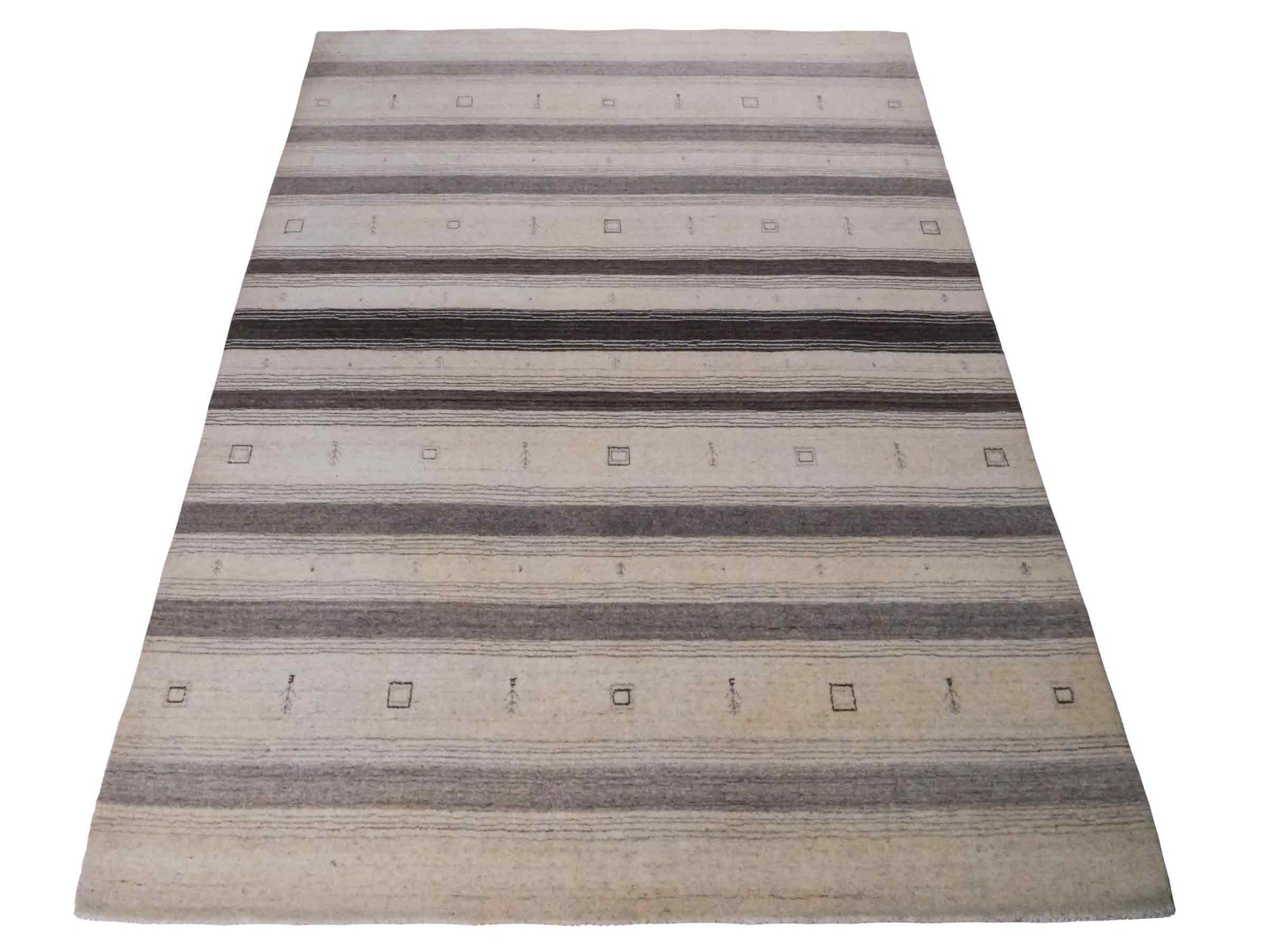 Moderner, Handloom Lori Gabbeh Orientteppich von Khademi aus Wolle, cremeweiß, grau. Geometrisches Nomaden-Design. Produziert in Indien. Größe: 200x139cm. Teppichnummer: KB4-1790. Verkauf durch Jupiter Intl.