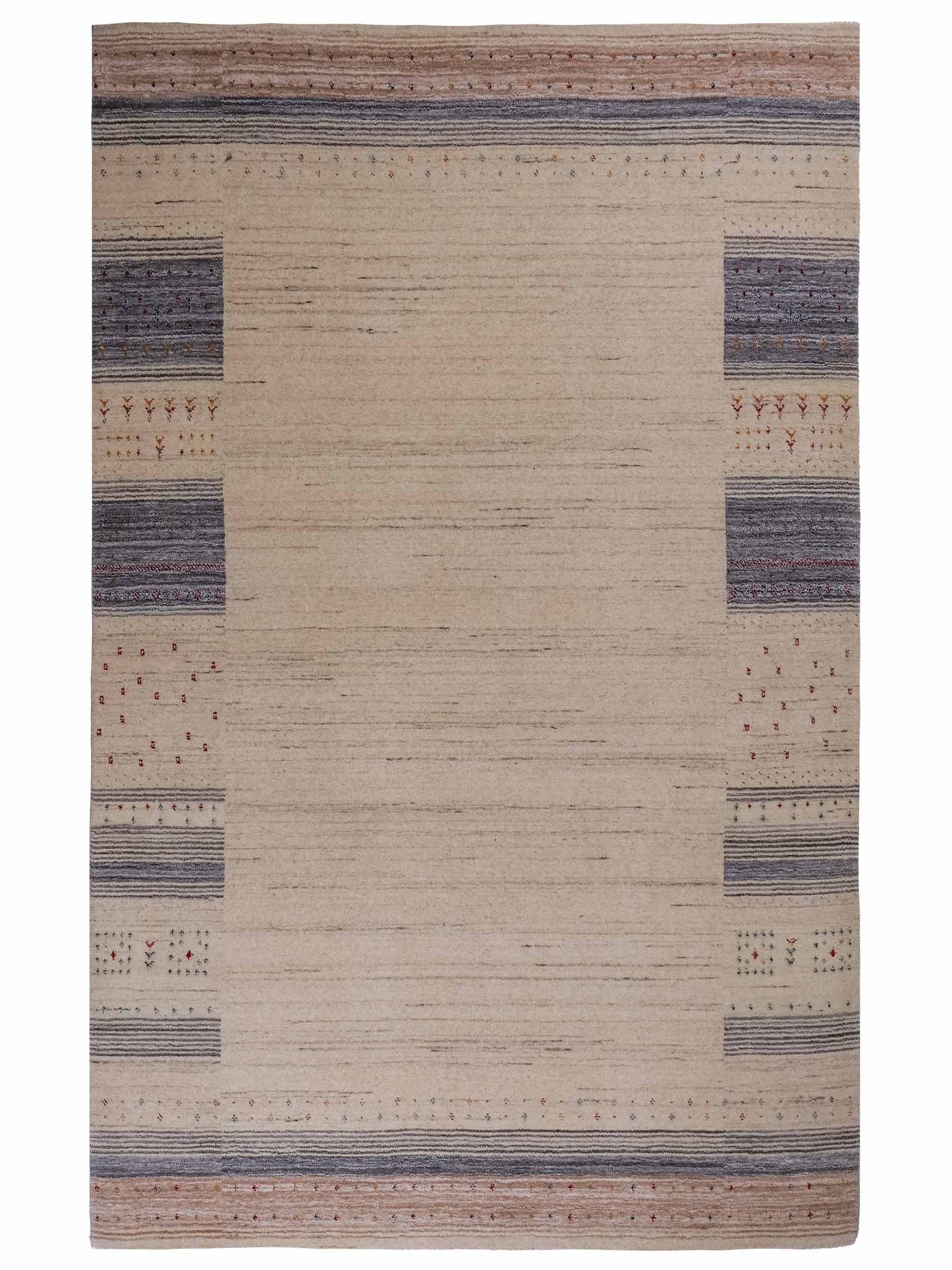 Moderner, Handloom Lori Gabbeh Orientteppich von Khademi aus Wolle, cremeweiß, blau. Geometrisches Nomaden-Design. Produziert in Indien. Größe: 200x141cm. Teppichnummer: KB4-1792. Verkauf durch Jupiter Intl.