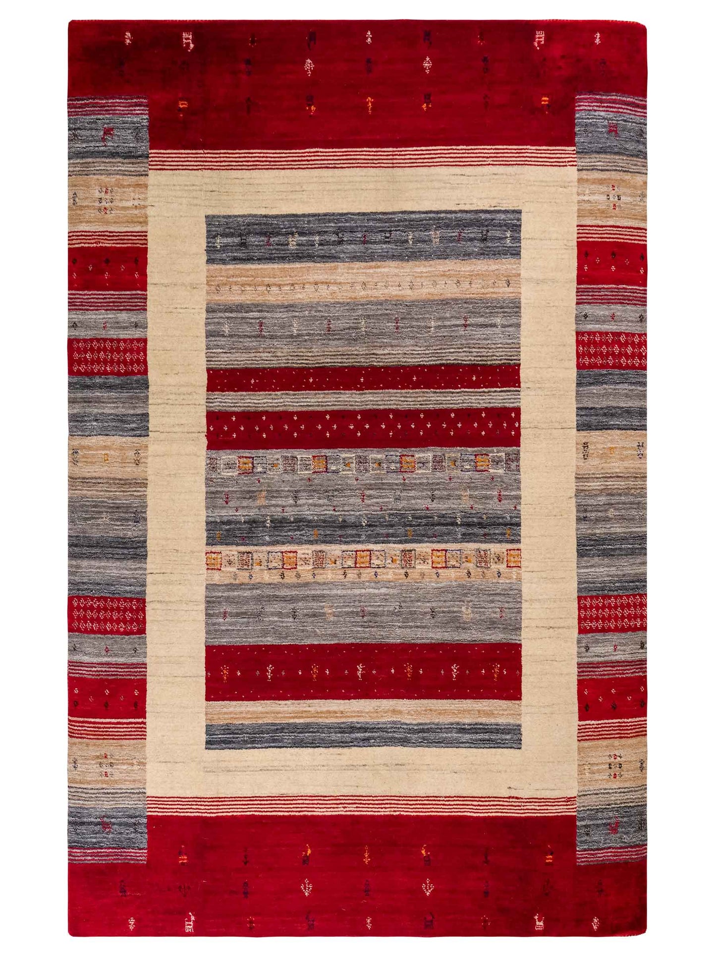 Moderner, Handloom Lori Gabbeh Orientteppich von Khademi aus Wolle, rot, mehrfarbig. Nomaden-Design. Produziert in Indien. Größe: 200x143cm. Teppichnummer: KB4-1768. Verkauf durch Jupiter Intl.