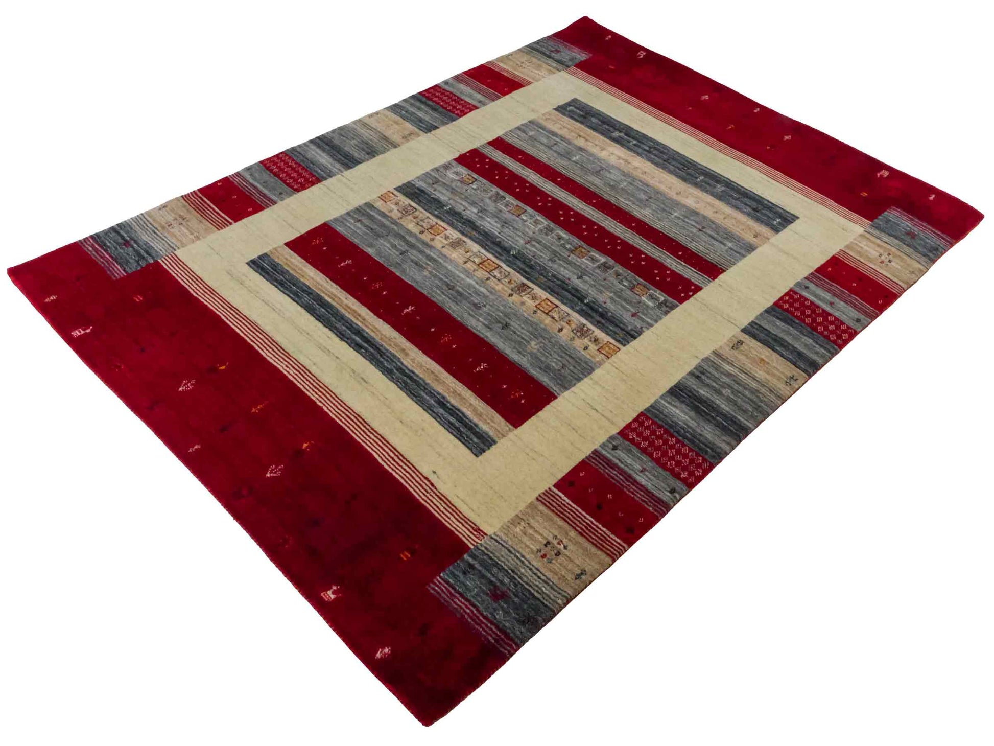 Moderner, Handloom Lori Gabbeh Orientteppich von Khademi aus Wolle, rot, mehrfarbig. Nomaden-Design. Produziert in Indien. Größe: 200x143cm. Teppichnummer: KB4-1768. Verkauf durch Jupiter Intl.