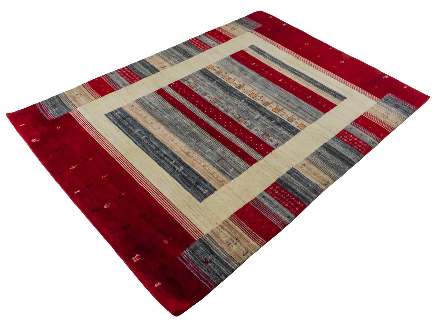 Moderner, Handloom Lori Gabbeh Orientteppich von Khademi aus Wolle, rot, mehrfarbig. Nomaden-Design. Produziert in Indien. Größe: 200x143cm. Teppichnummer: KB4-1768. Verkauf durch Jupiter Intl.