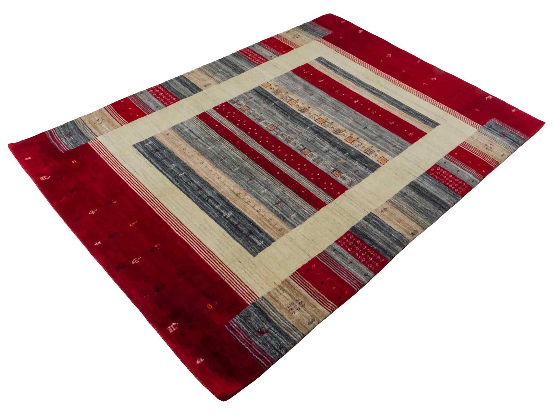 Moderner, Handloom Lori Gabbeh Orientteppich von Khademi aus Wolle, rot, mehrfarbig. Nomaden-Design. Produziert in Indien. Größe: 200x143cm. Teppichnummer: KB4-1768. Verkauf durch Jupiter Intl.
