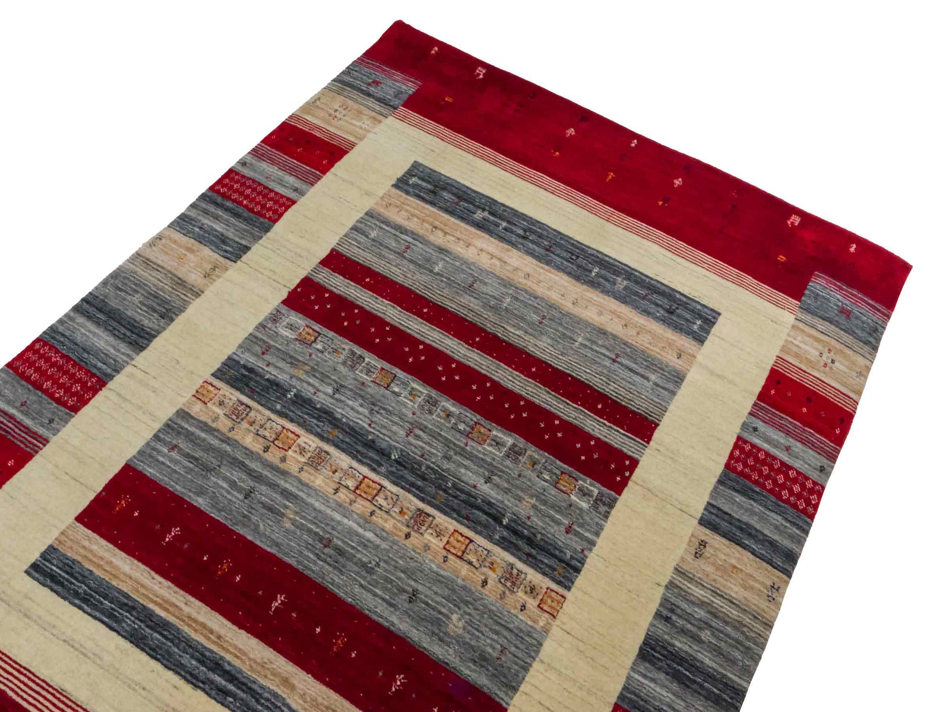 Moderner, Handloom Lori Gabbeh Orientteppich von Khademi aus Wolle, rot, mehrfarbig. Nomaden-Design. Produziert in Indien. Größe: 200x143cm. Teppichnummer: KB4-1768. Verkauf durch Jupiter Intl.