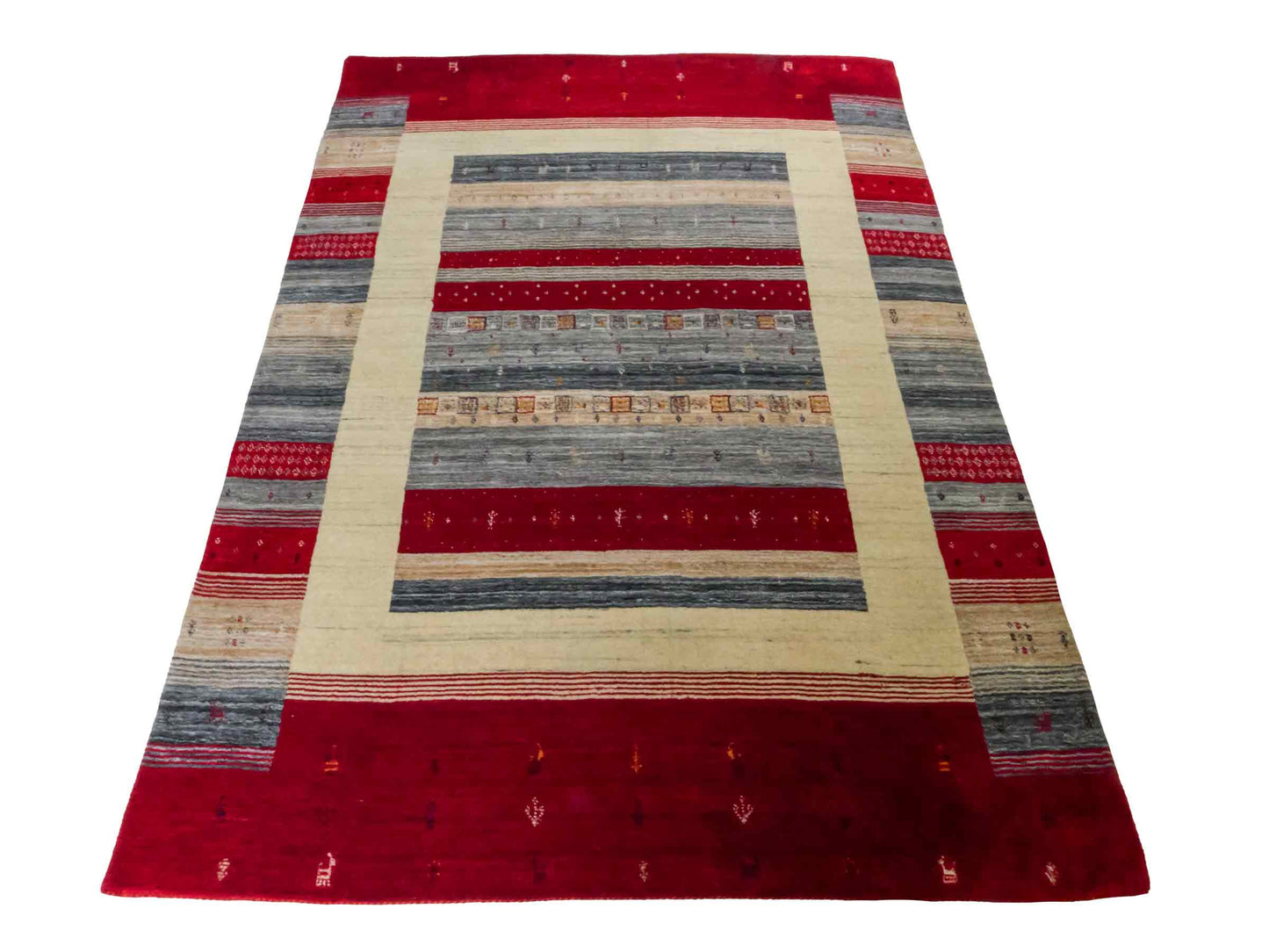 Moderner, Handloom Lori Gabbeh Orientteppich von Khademi aus Wolle, rot, mehrfarbig. Nomaden-Design. Produziert in Indien. Größe: 200x143cm. Teppichnummer: KB4-1768. Verkauf durch Jupiter Intl.