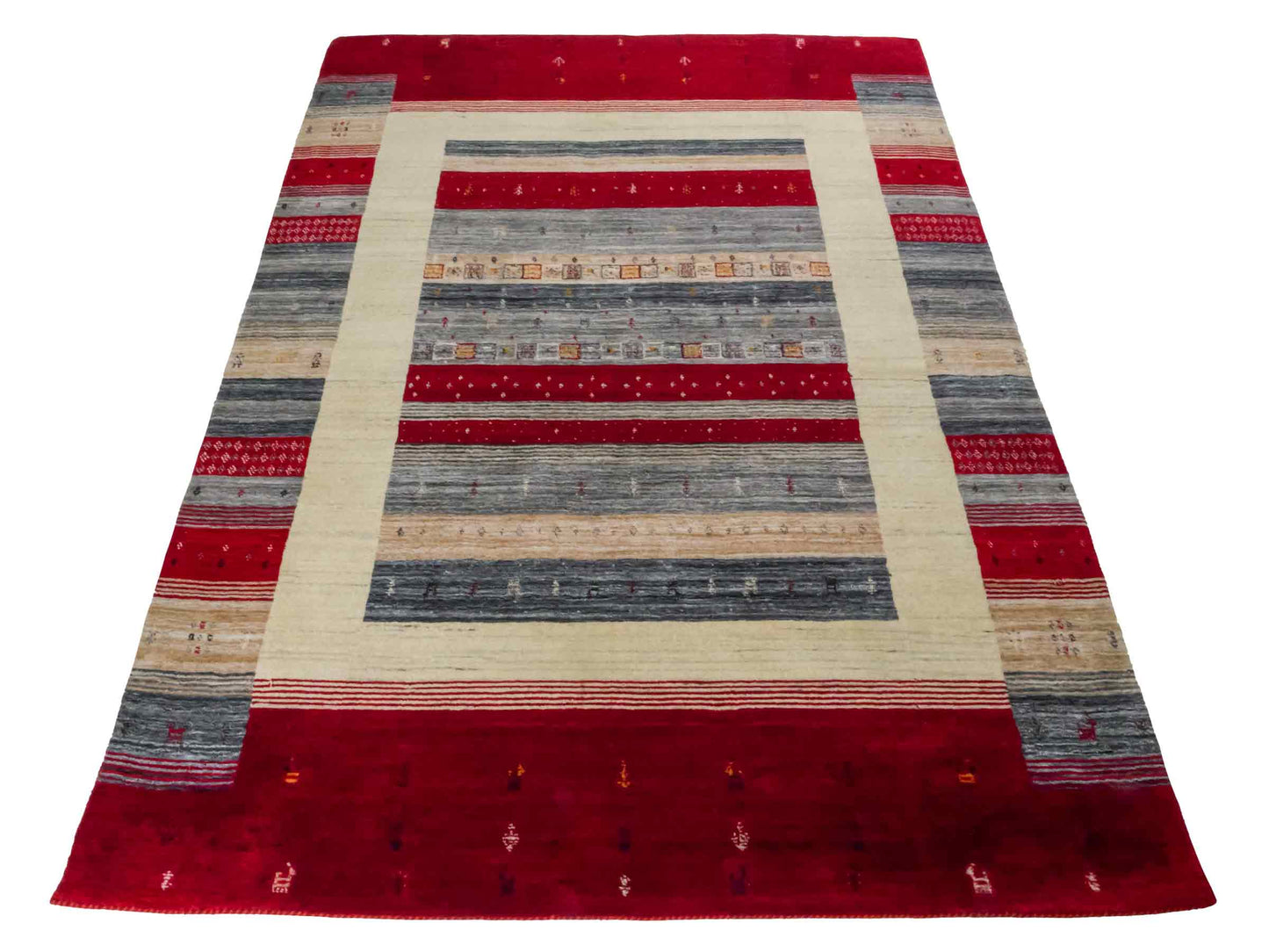 Moderner, Handloom Lori Gabbeh Orientteppich von Khademi aus Wolle, rot, mehrfarbig. Nomaden-Design. Produziert in Indien. Größe: 200x143cm. Teppichnummer: KB4-1768. Verkauf durch Jupiter Intl.