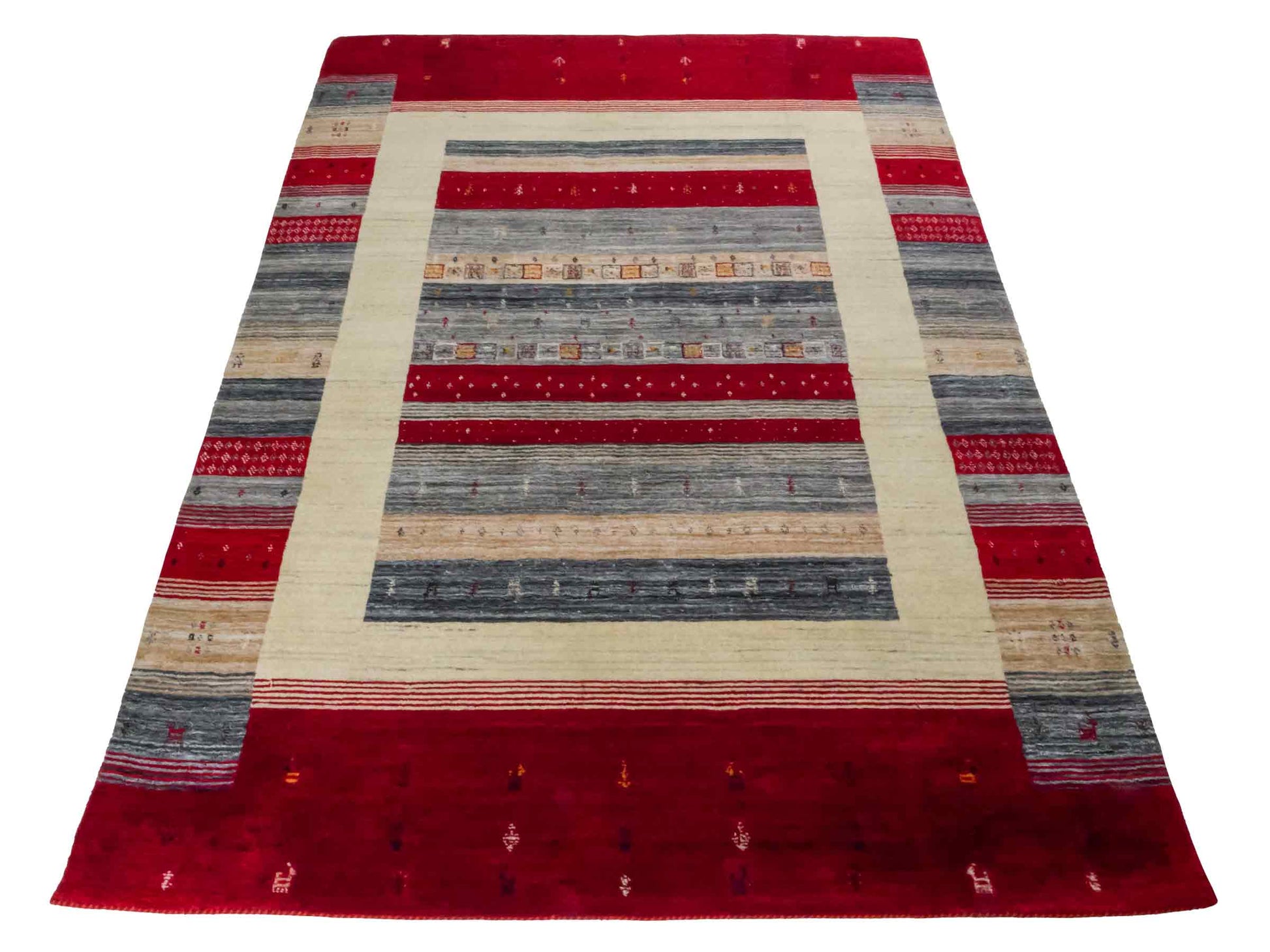 Moderner, Handloom Lori Gabbeh Orientteppich von Khademi aus Wolle, rot, mehrfarbig. Nomaden-Design. Produziert in Indien. Größe: 200x143cm. Teppichnummer: KB4-1768. Verkauf durch Jupiter Intl.