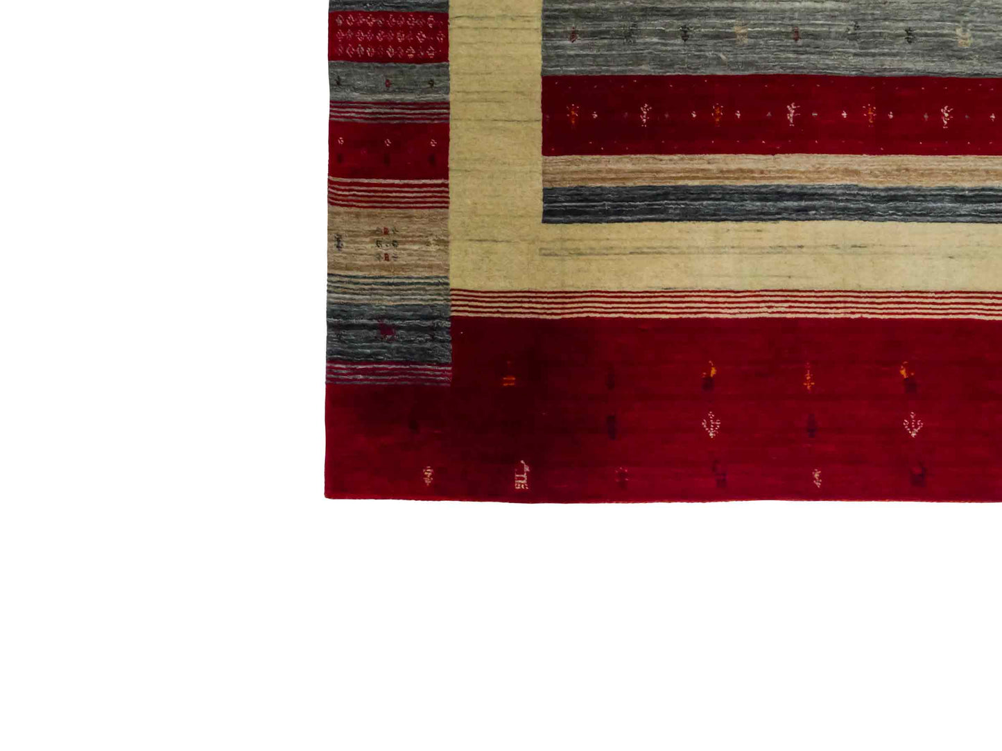 Moderner, Handloom Lori Gabbeh Orientteppich von Khademi aus Wolle, rot, mehrfarbig. Nomaden-Design. Produziert in Indien. Größe: 200x143cm. Teppichnummer: KB4-1768. Verkauf durch Jupiter Intl.