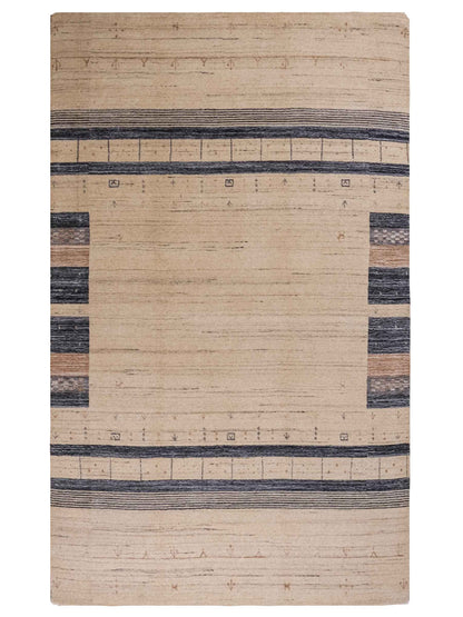 Moderner, Handloom Lori Gabbeh Orientteppich von Khademi aus Wolle, blau, cremeweiß. Geometrisches Nomaden-Design. Produziert in Indien. Größe: 201x134cm. Teppichnummer: KB4-1775. Verkauf durch Jupiter Intl.