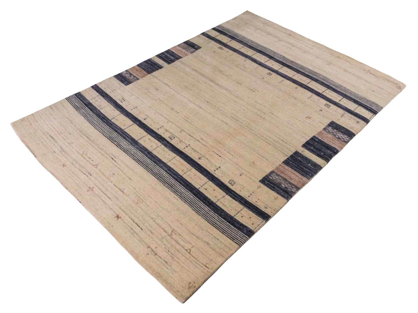 Moderner, Handloom Lori Gabbeh Orientteppich von Khademi aus Wolle, blau, cremeweiß. Geometrisches Nomaden-Design. Produziert in Indien. Größe: 201x134cm. Teppichnummer: KB4-1775. Verkauf durch Jupiter Intl.