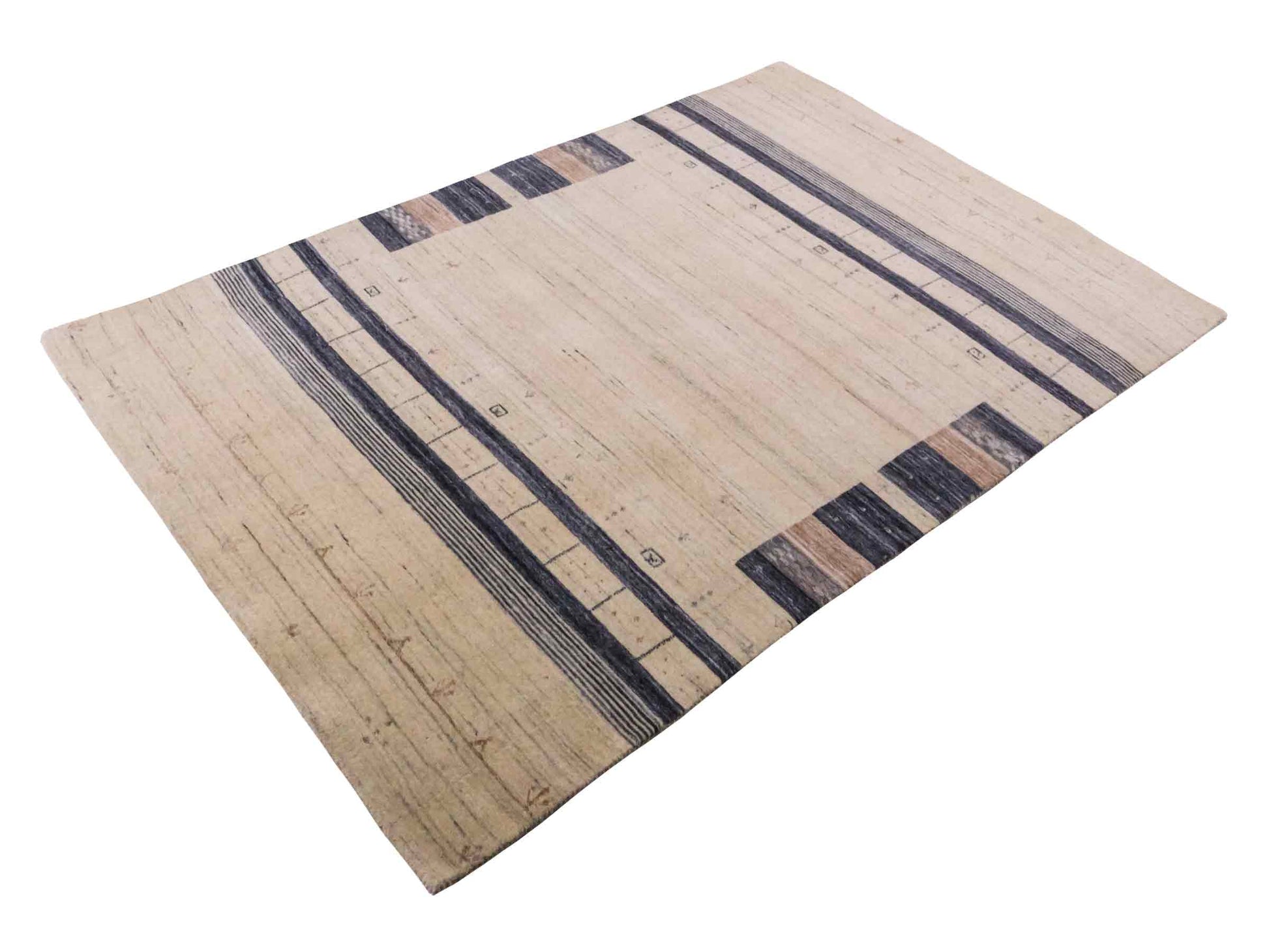 Moderner, Handloom Lori Gabbeh Orientteppich von Khademi aus Wolle, blau, cremeweiß. Geometrisches Nomaden-Design. Produziert in Indien. Größe: 201x134cm. Teppichnummer: KB4-1775. Verkauf durch Jupiter Intl.