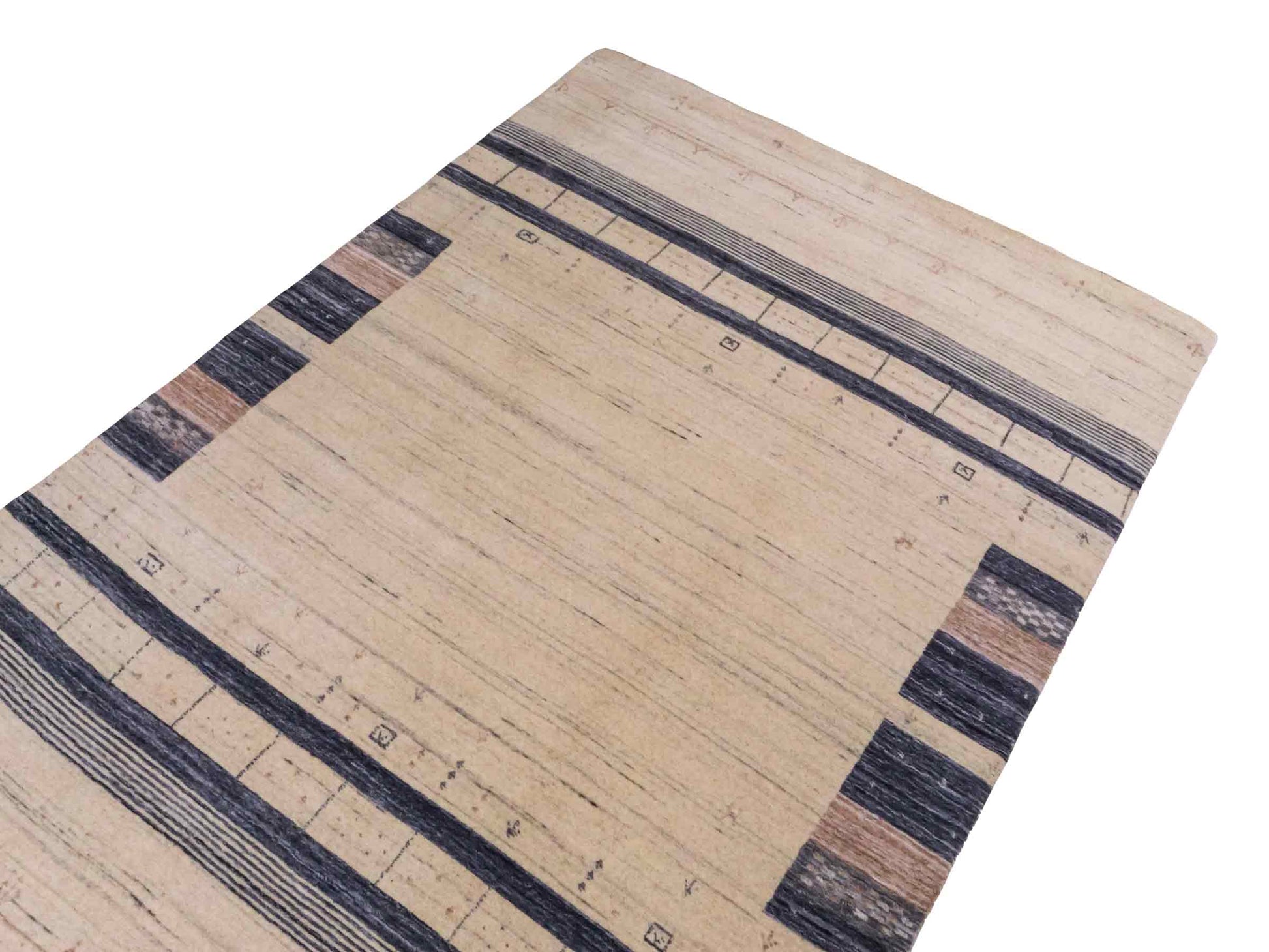 Moderner, Handloom Lori Gabbeh Orientteppich von Khademi aus Wolle, blau, cremeweiß. Geometrisches Nomaden-Design. Produziert in Indien. Größe: 201x134cm. Teppichnummer: KB4-1775. Verkauf durch Jupiter Intl.