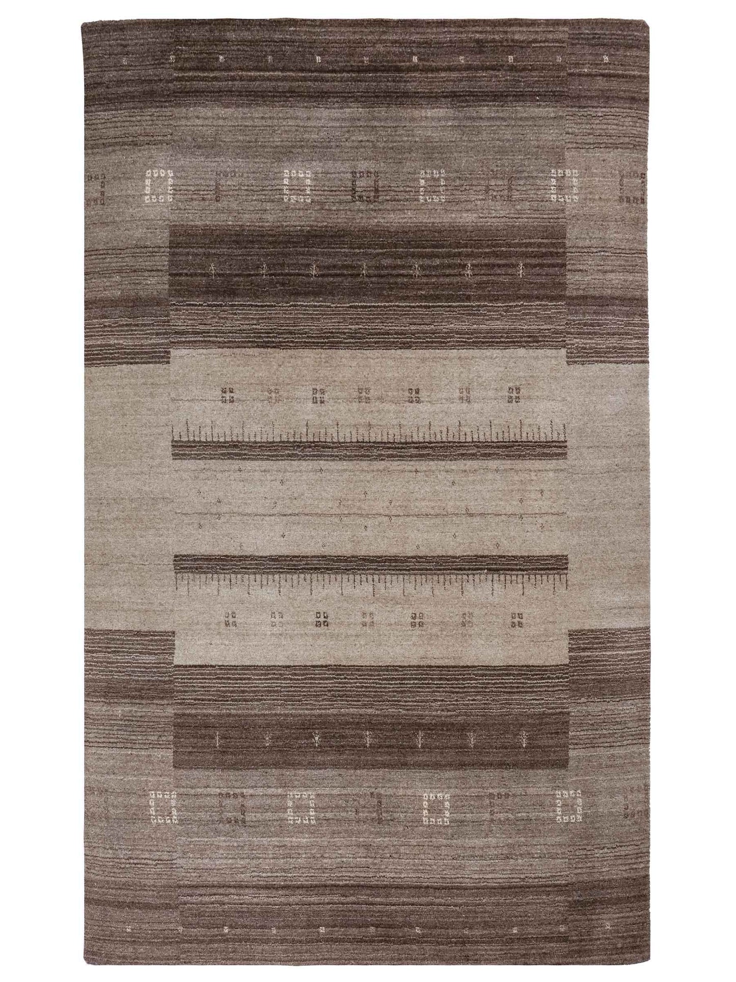 Moderner, Handloom Lori Gabbeh Orientteppich von Khademi aus Wolle, braun, grau. Geometrisches Nomaden-Design. Produziert in Indien. Größe: 201x137cm. Teppichnummer: KB4-1769. Verkauf durch Jupiter Intl.