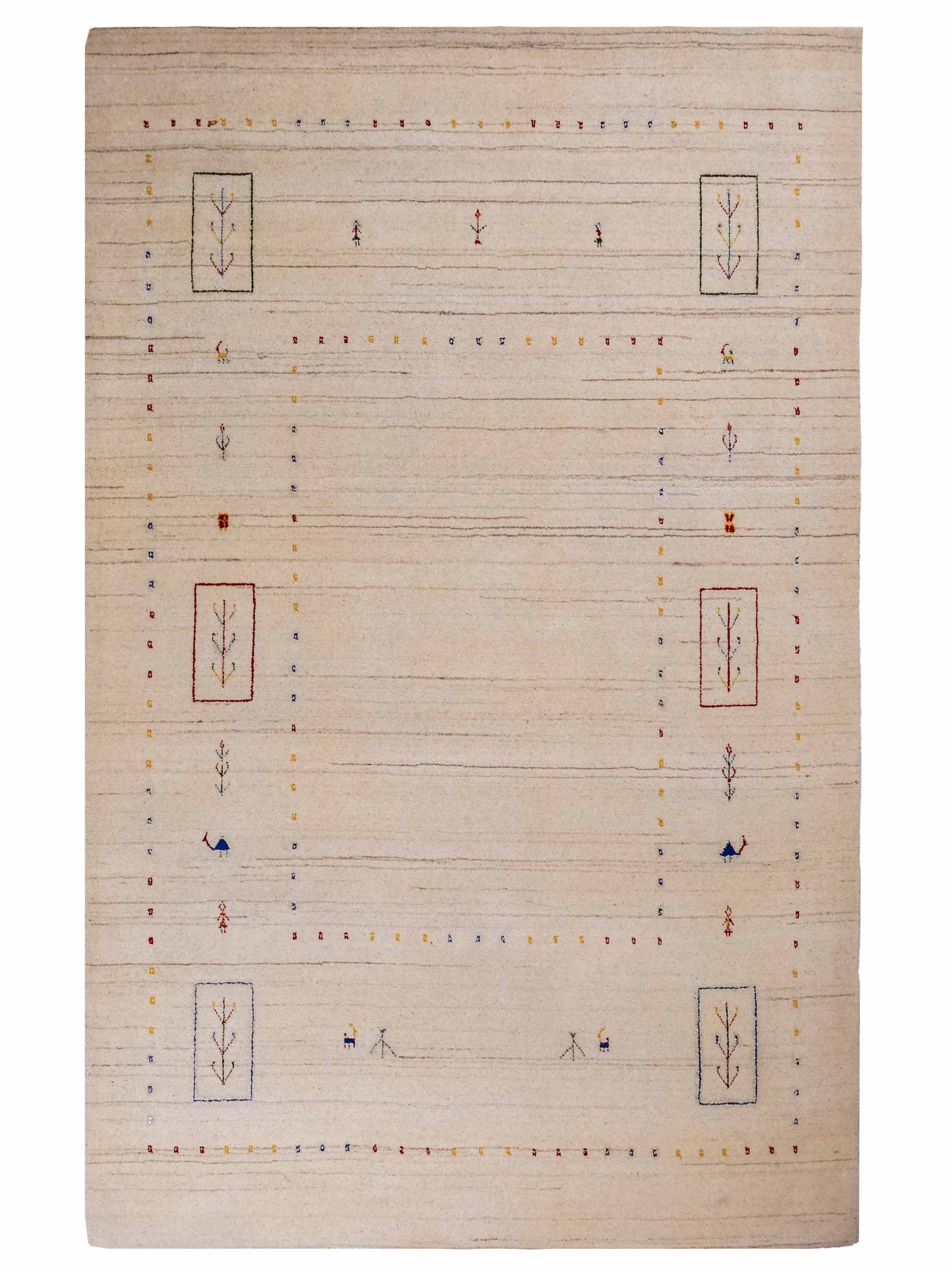 Moderner, Handloom Lori Gabbeh Orientteppich von Khademi aus Wolle, cremeweiß. Geometrisches Nomaden-Design. Produziert in Indien. Größe: 201x139cm. Teppichnummer: KB4-1776. Verkauf durch Jupiter Intl.