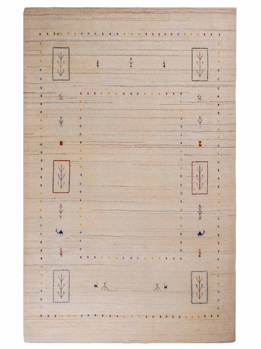 Moderner, Handloom Lori Gabbeh Orientteppich von Khademi aus Wolle, cremeweiß. Geometrisches Nomaden-Design. Produziert in Indien. Größe: 201x139cm. Teppichnummer: KB4-1776. Verkauf durch Jupiter Intl.