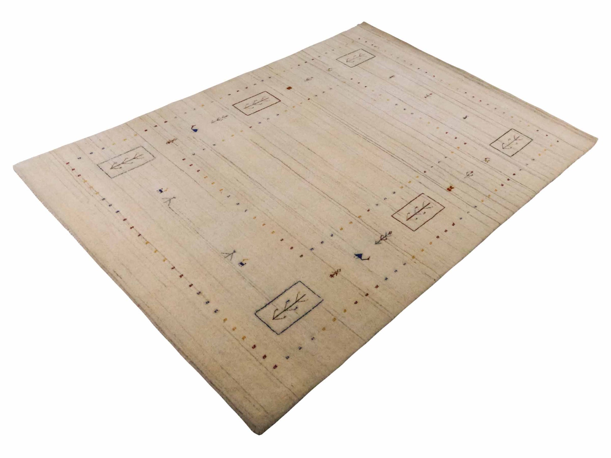 Moderner, Handloom Lori Gabbeh Orientteppich von Khademi aus Wolle, cremeweiß. Geometrisches Nomaden-Design. Produziert in Indien. Größe: 201x139cm. Teppichnummer: KB4-1776. Verkauf durch Jupiter Intl.