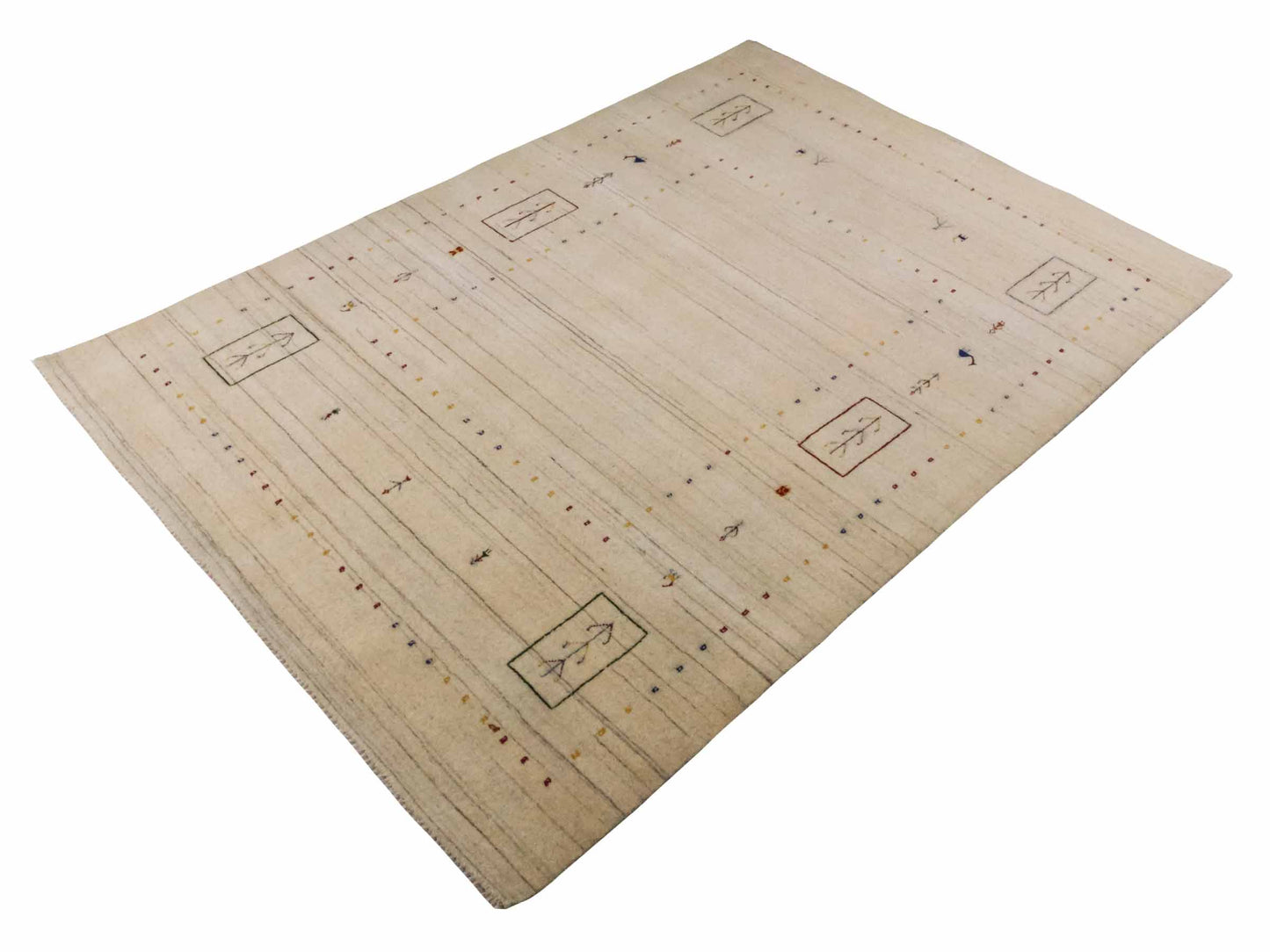 Moderner, Handloom Lori Gabbeh Orientteppich von Khademi aus Wolle, cremeweiß. Geometrisches Nomaden-Design. Produziert in Indien. Größe: 201x139cm. Teppichnummer: KB4-1776. Verkauf durch Jupiter Intl.