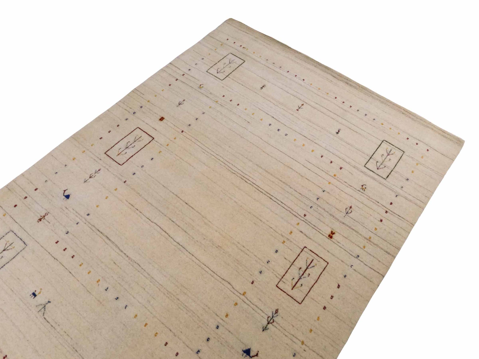 Moderner, Handloom Lori Gabbeh Orientteppich von Khademi aus Wolle, cremeweiß. Geometrisches Nomaden-Design. Produziert in Indien. Größe: 201x139cm. Teppichnummer: KB4-1776. Verkauf durch Jupiter Intl.