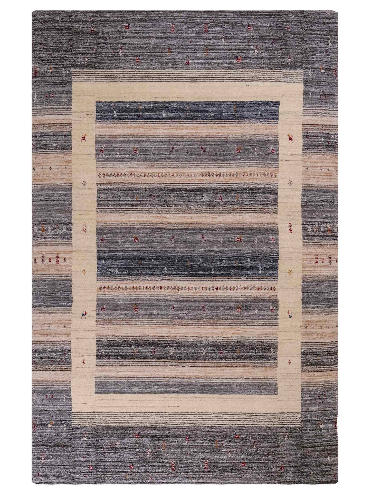 Moderner, Handloom Lori Gabbeh Orientteppich von Khademi aus Wolle, blau, cremeweiß. Geometrisches Nomaden-Design. Produziert in Indien. Größe: 201x141cm. Teppichnummer: KB4-1772. Verkauf durch Jupiter Intl.